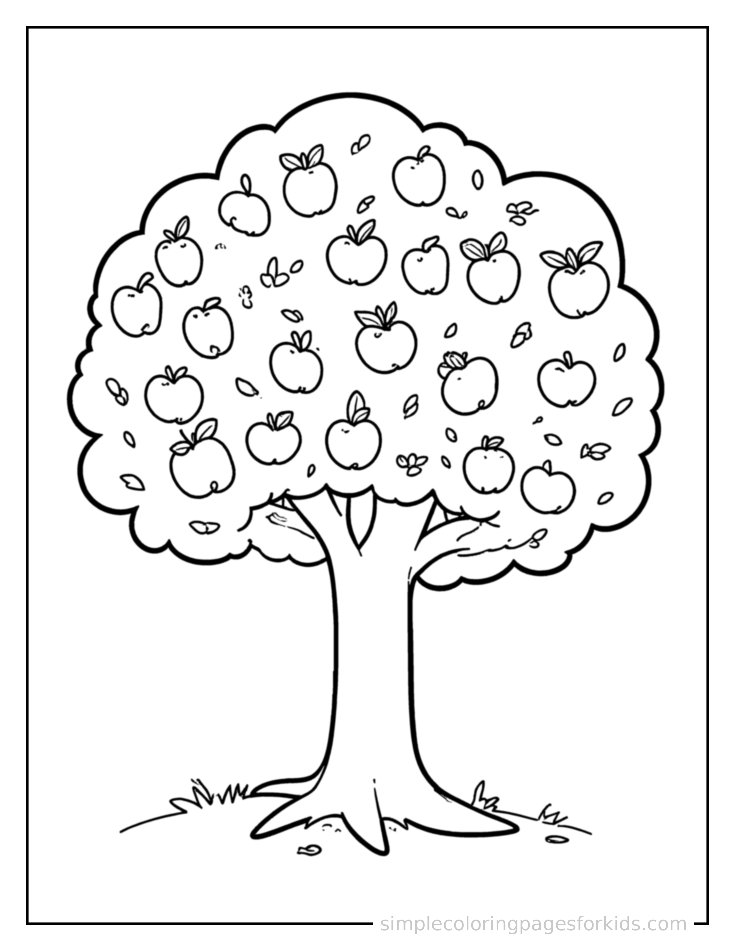 Free printable trees coloring page featuring an apple tree full of round apples.