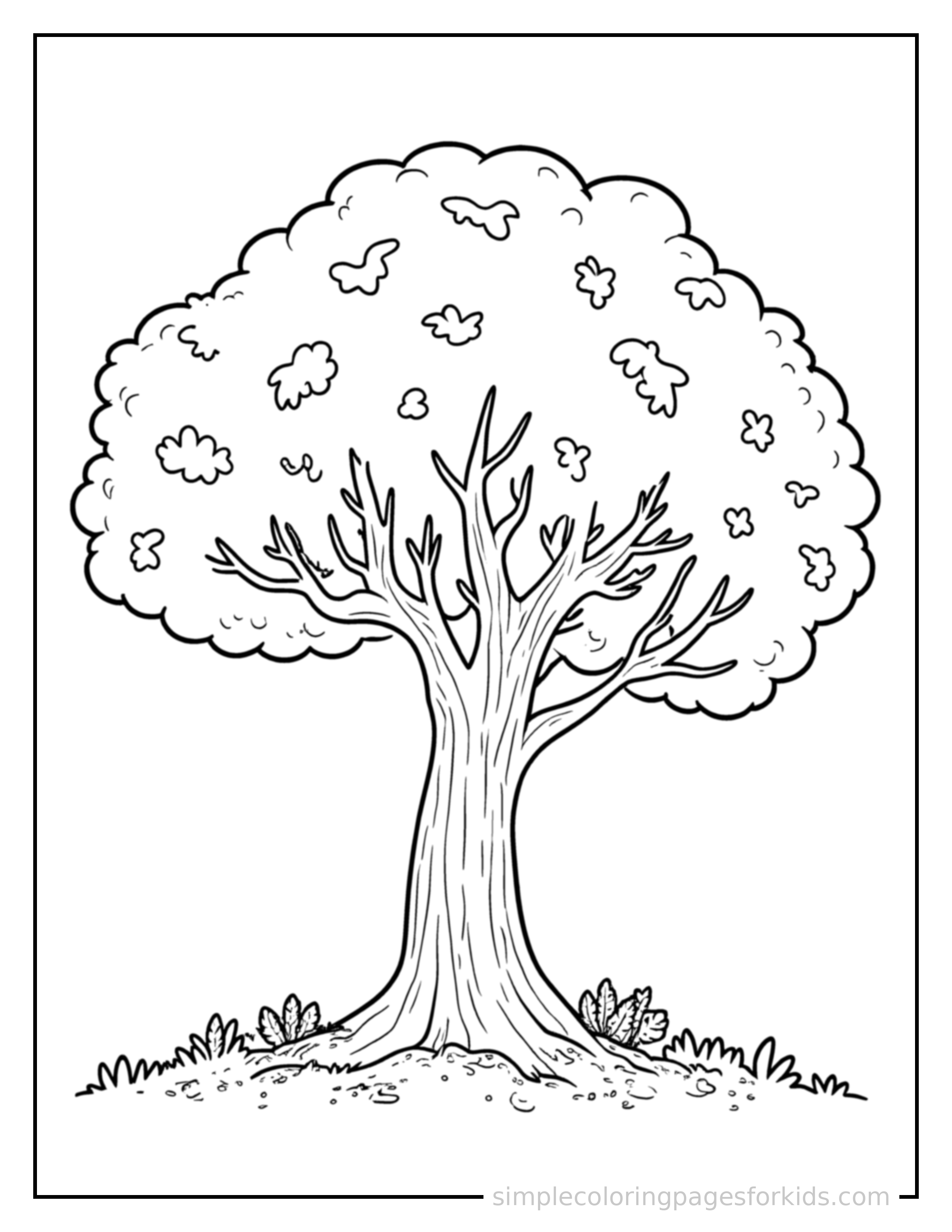 Free printable trees coloring page featuring an autumn tree with leaves falling around it.