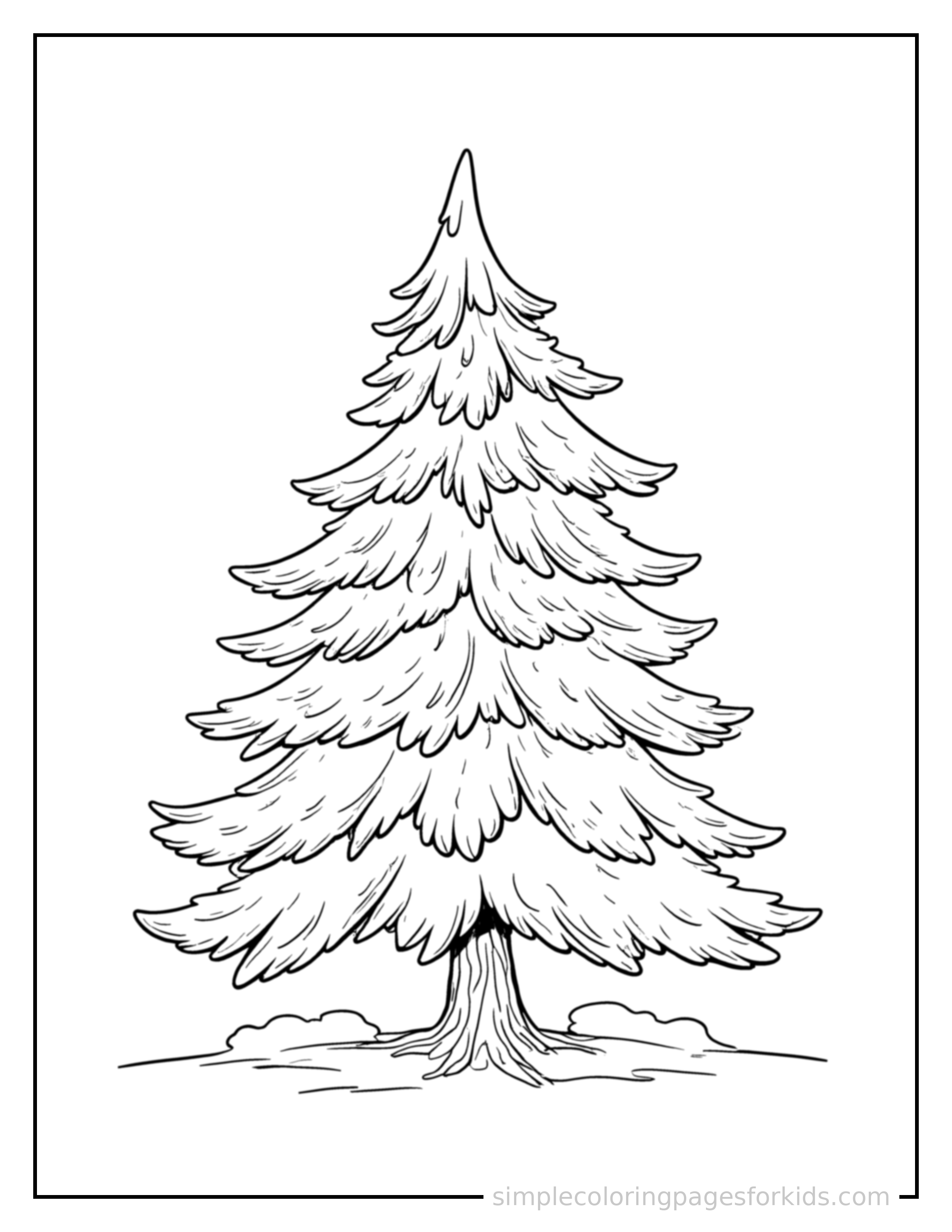 Free printable trees coloring page featuring a pine tree covered in a light dusting of snow.