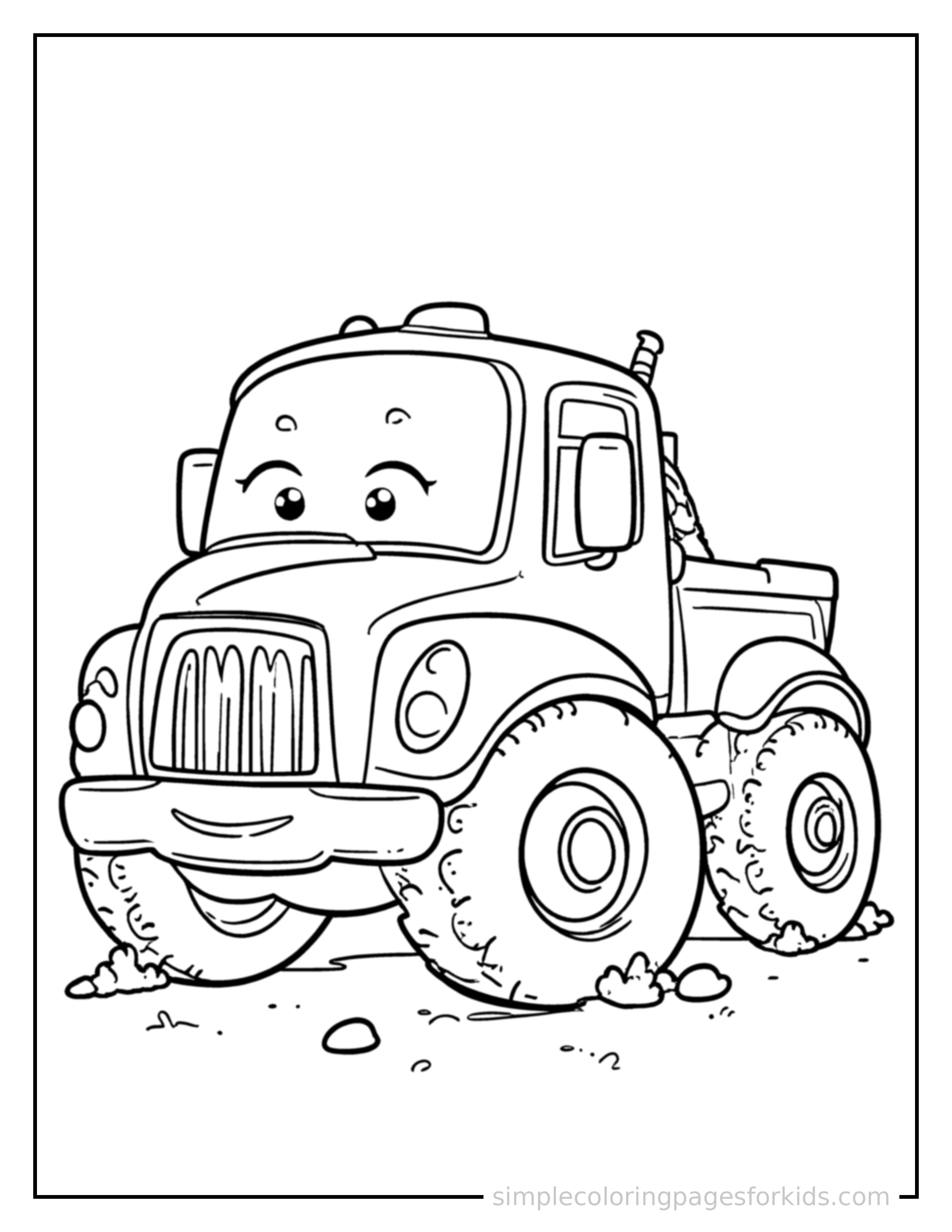 Free printable truck coloring page featuring a cute truck parked and resting with a sleepy happy expression, one headlight winking.