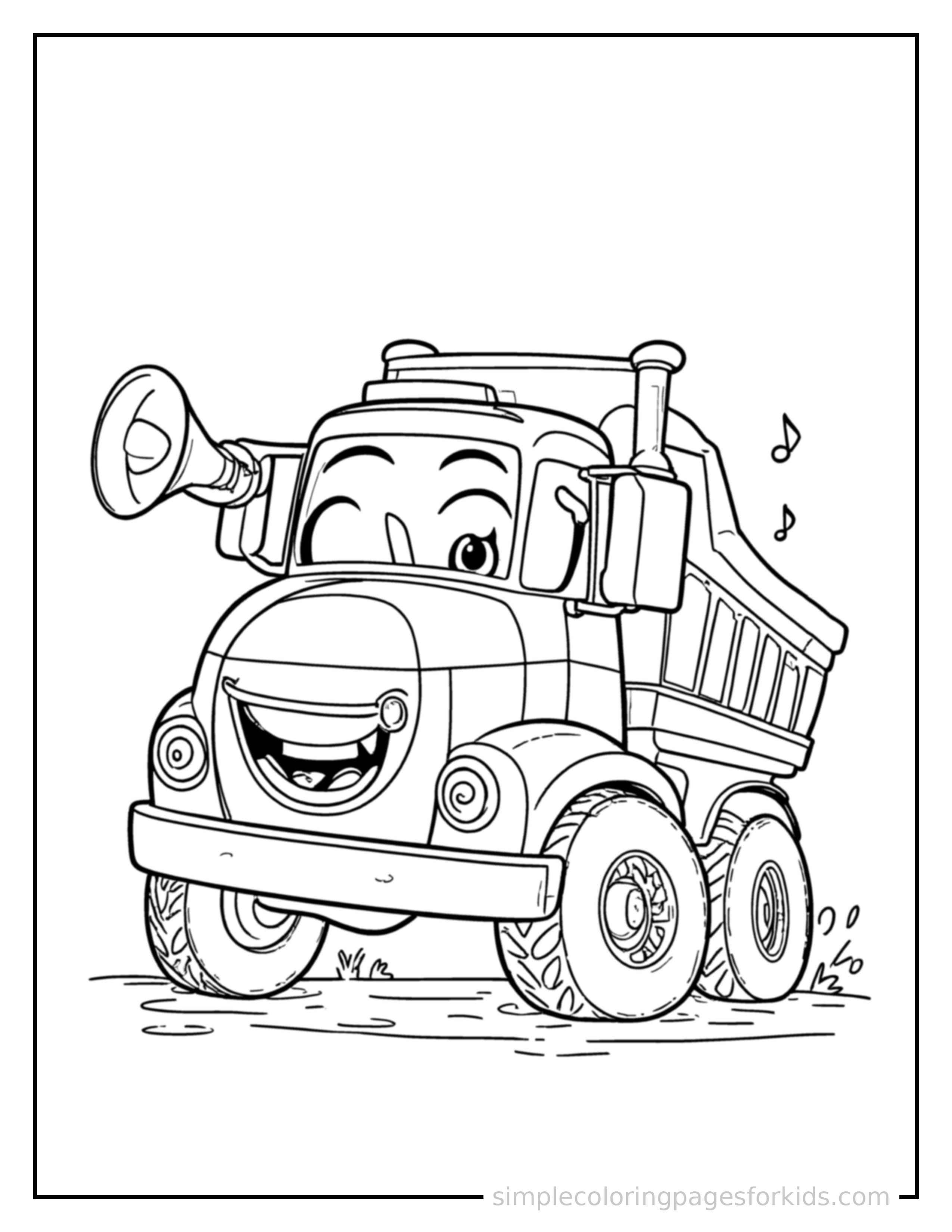 Free printable truck coloring page featuring a cute truck honking its horn with an excited open-mouth grin, small musical notes nearby.