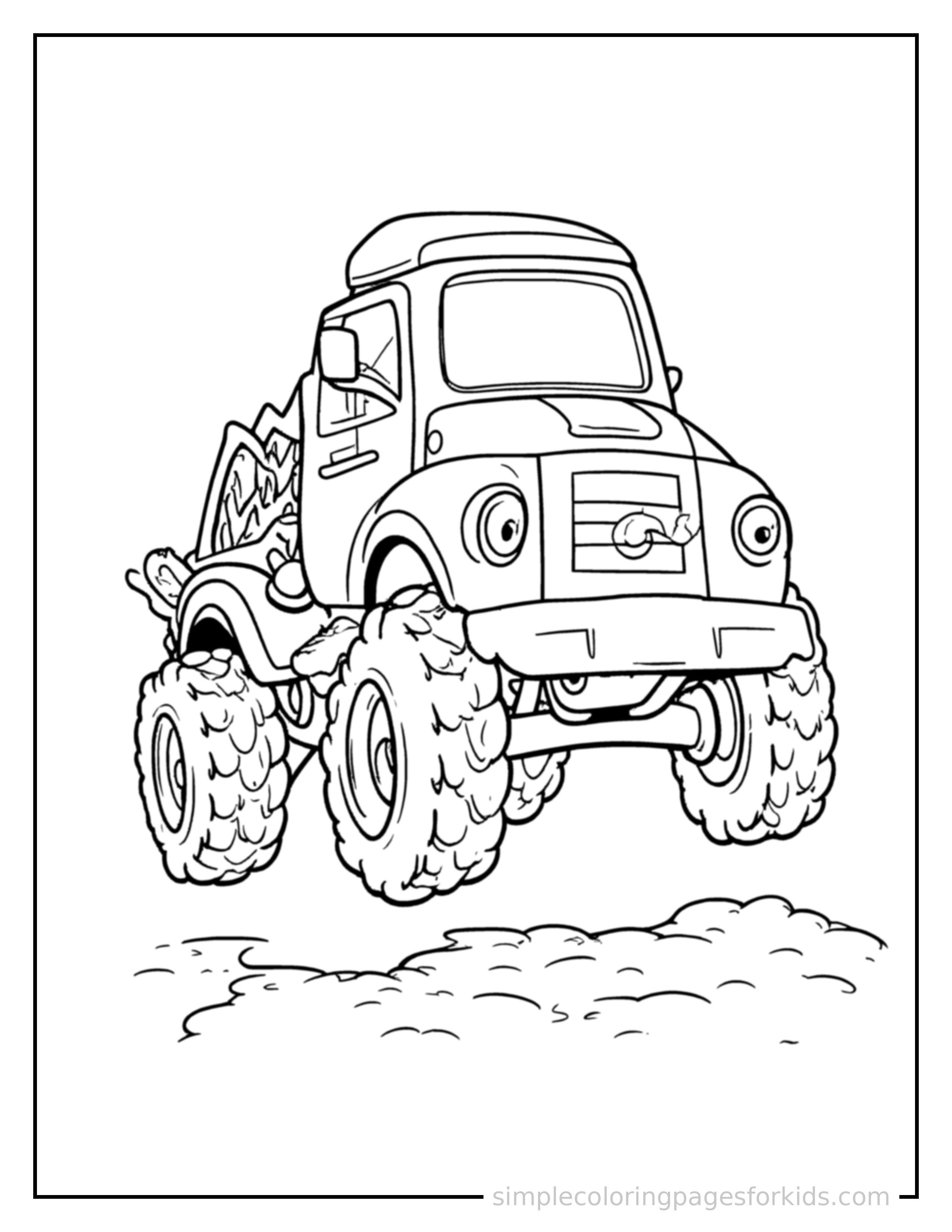 Free printable truck coloring page featuring a cute truck bouncing over a small bump in the road, joyful expression, wheels off the ground.