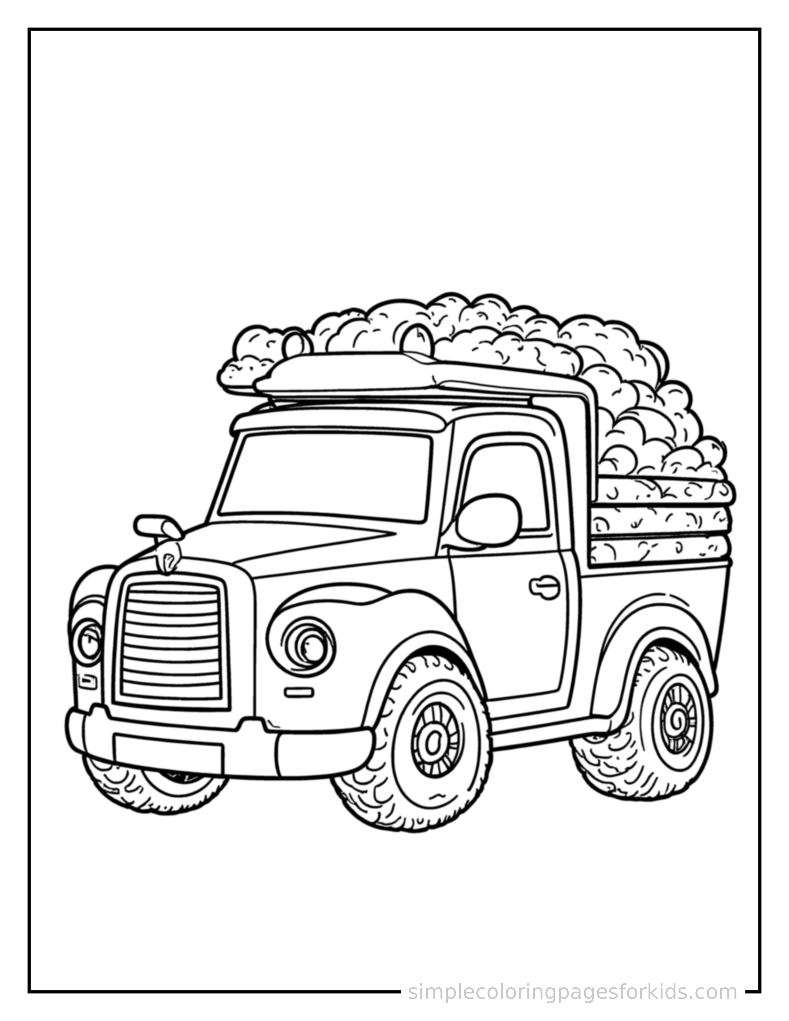 Free printable truck coloring page featuring a cute truck loaded up with fun cargo, proud big smile, motion lines showing it moving.