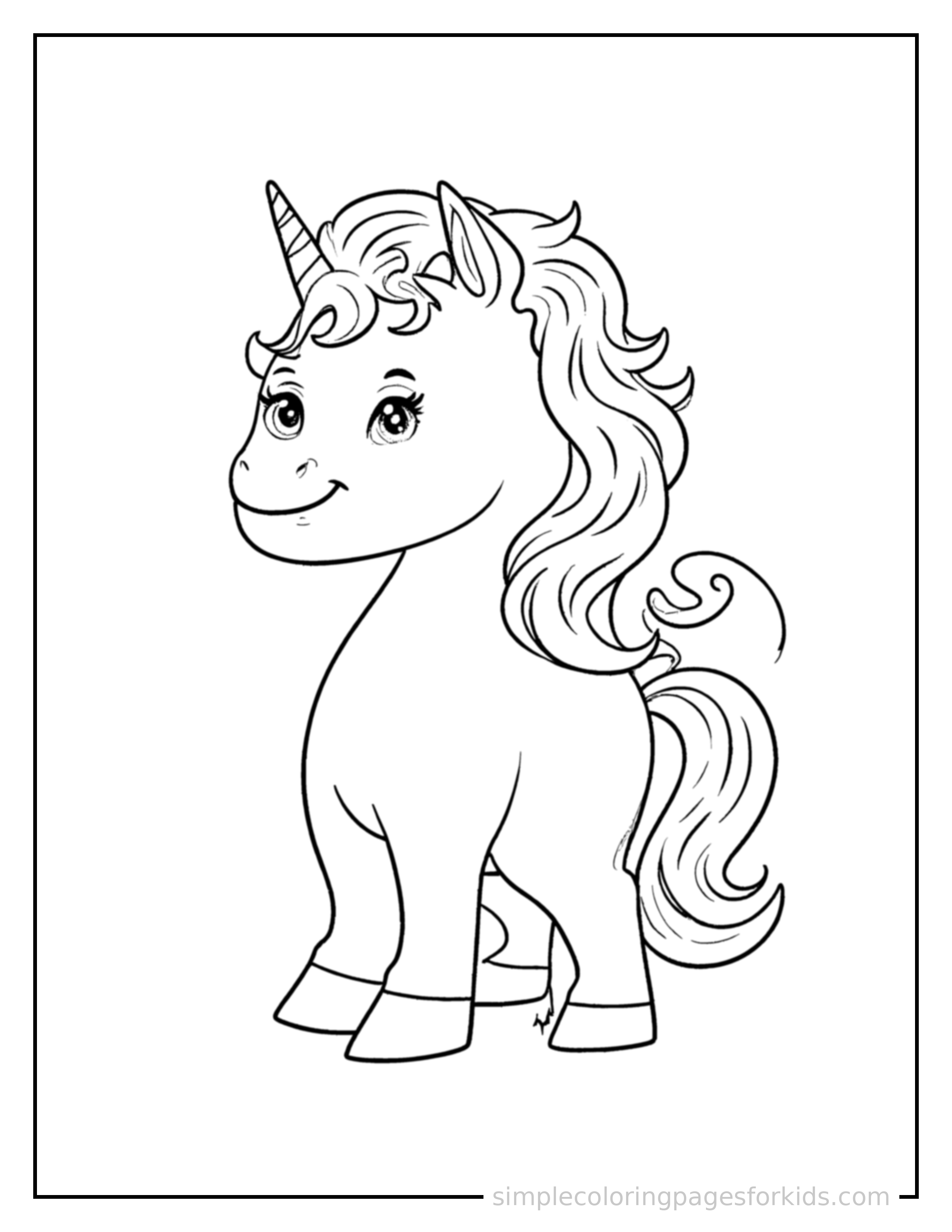 Free printable unicorn coloring page featuring a cute unicorn standing proudly on all fours, chest puffed out, big sparkling happy eyes, mouth open in a joyful smile.