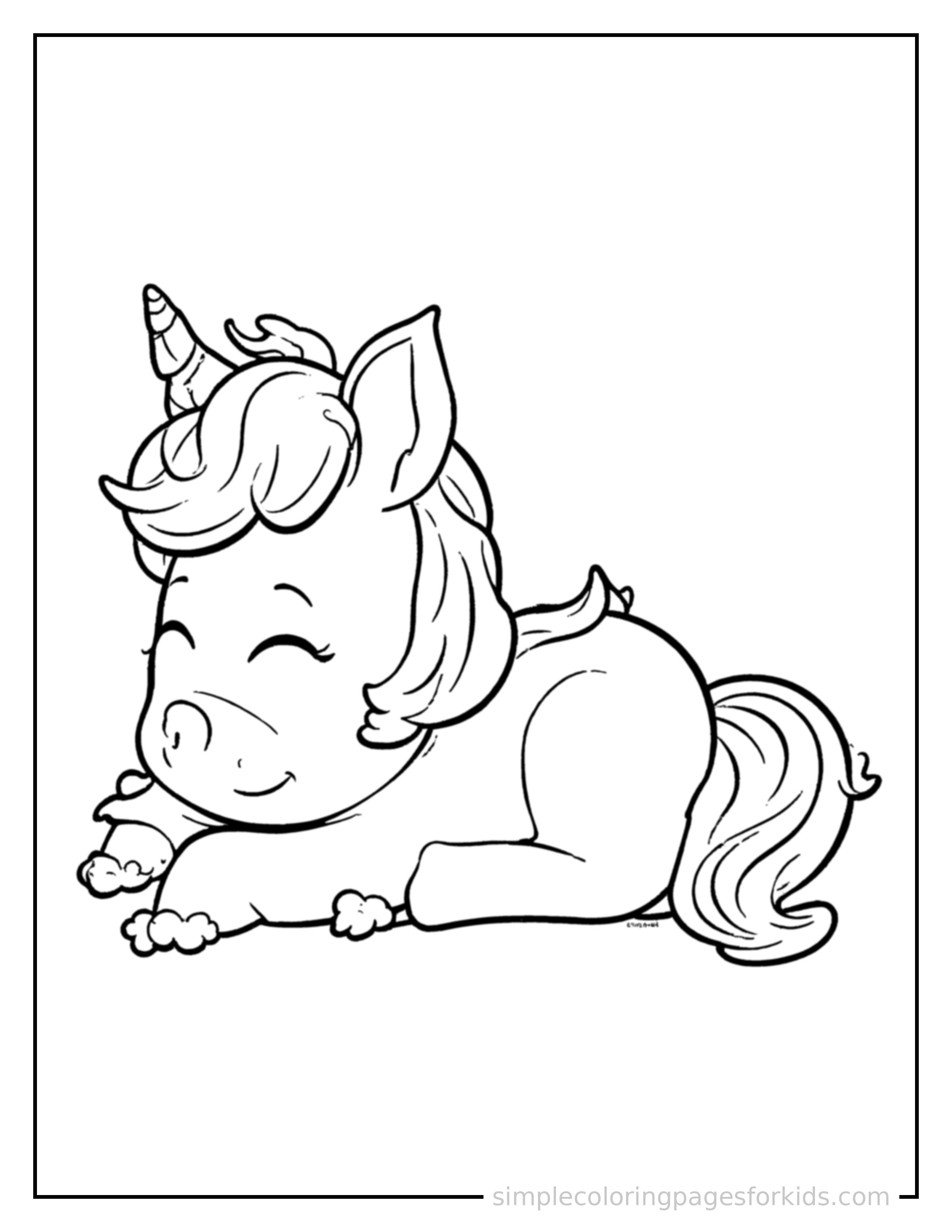 Free printable unicorn coloring page featuring a cute unicorn curled up fast asleep, peaceful smile, one eye scrunched shut, paws tucked under its chin.