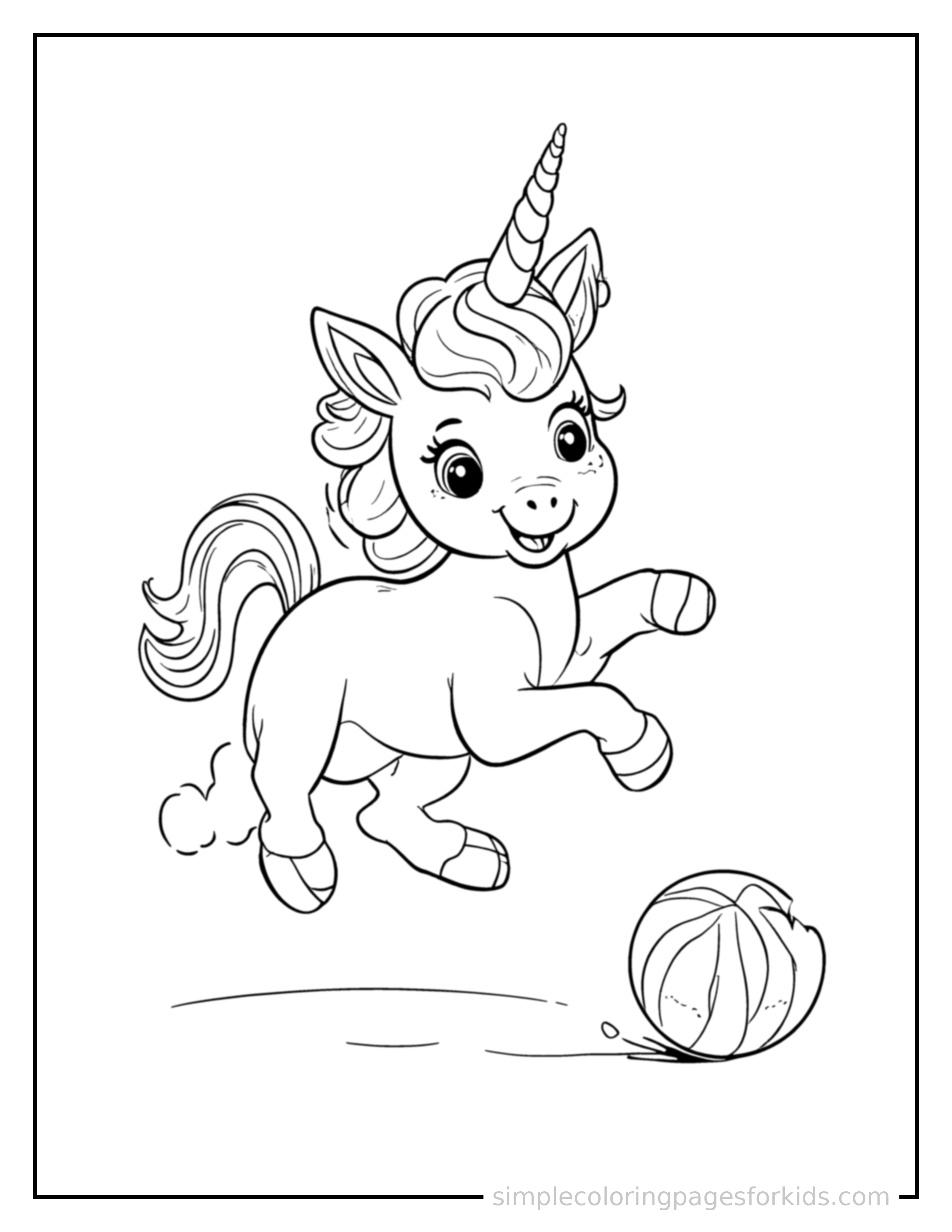 Free printable unicorn coloring page featuring a cute unicorn mid-bounce chasing a round ball, front paws stretched forward, mouth open with excitement, ears flopping.