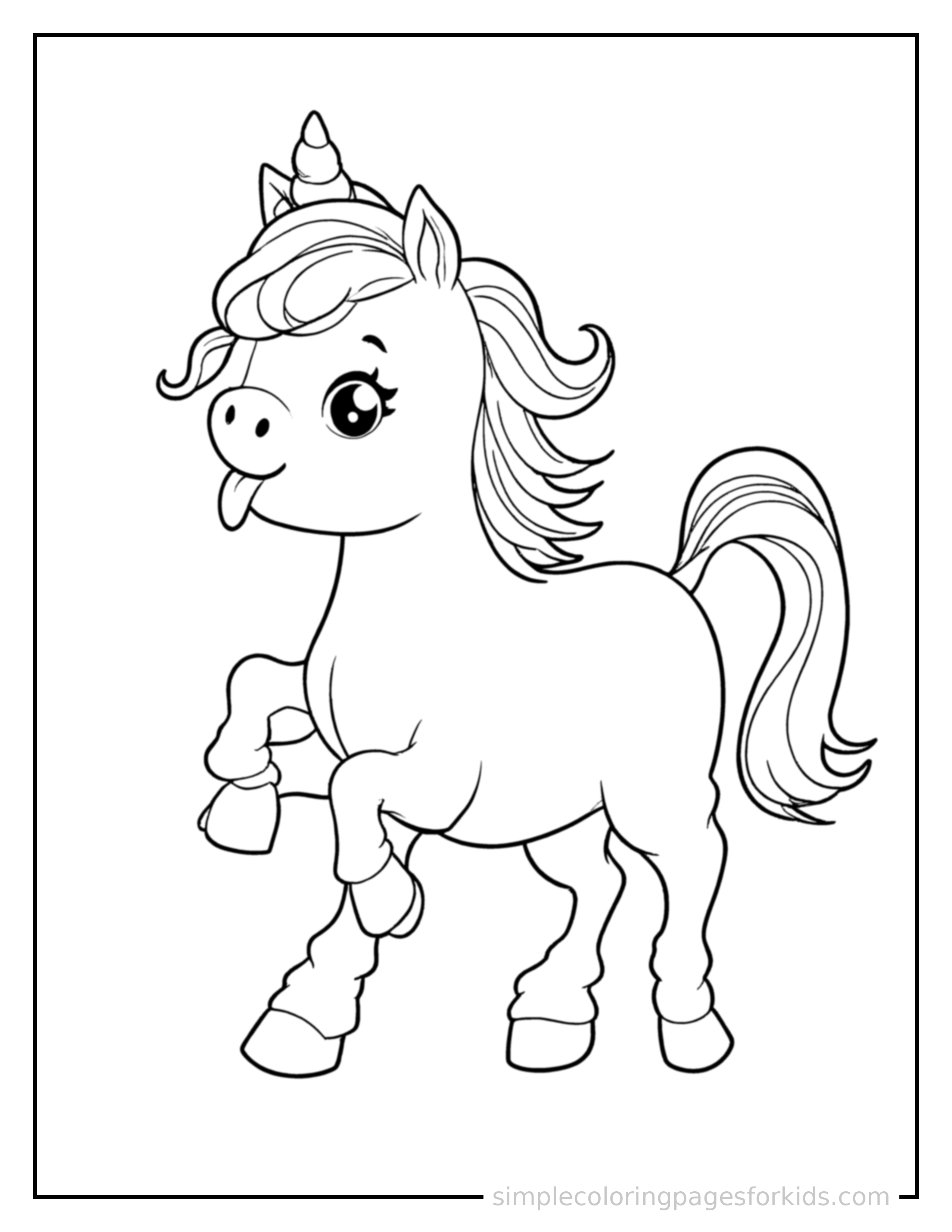 Free printable unicorn coloring page featuring a cute unicorn galloping forward at full speed, tongue out, ears flying back, big happy grin.