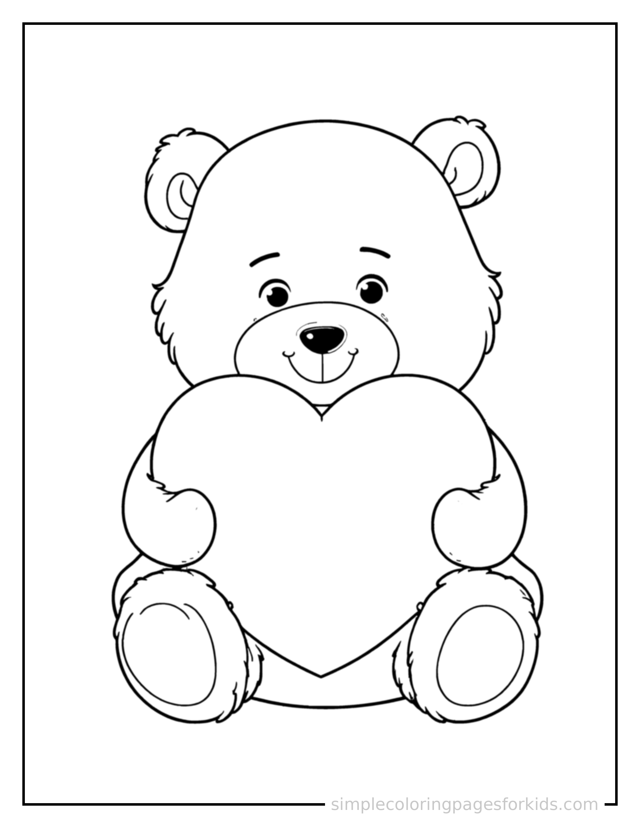 Free printable valentine's day coloring page featuring a teddy bear hugging a big heart pillow.