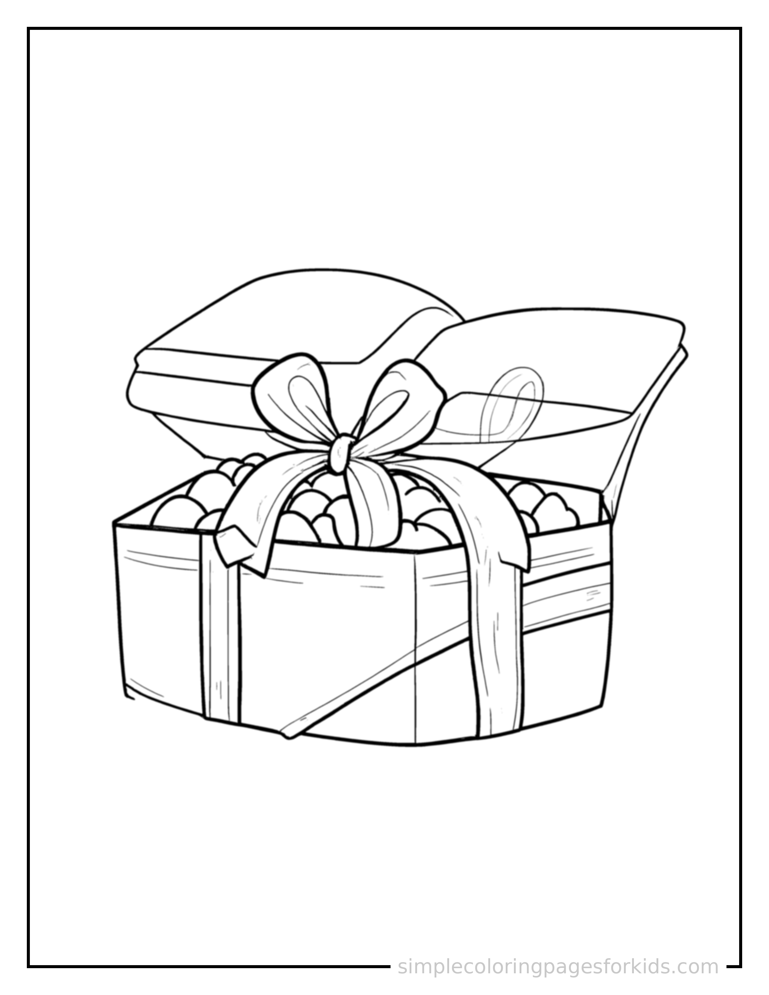 Free printable valentine's day coloring page featuring a box of chocolates tied with a bow, lid open.