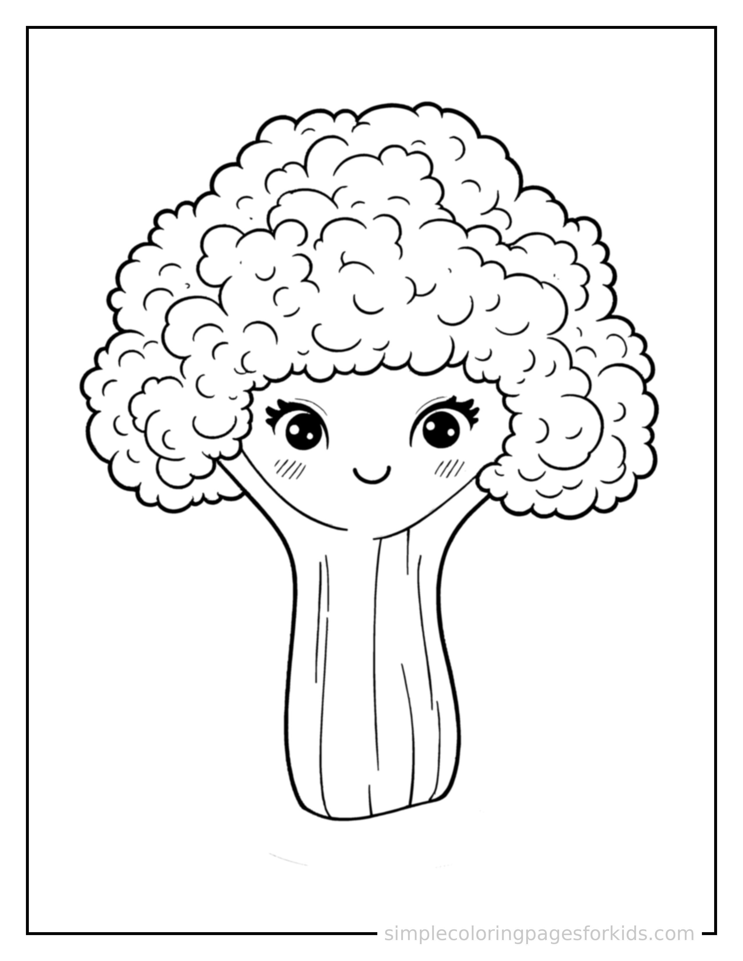 Free printable vegetables coloring page featuring a broccoli floret with a cute face.