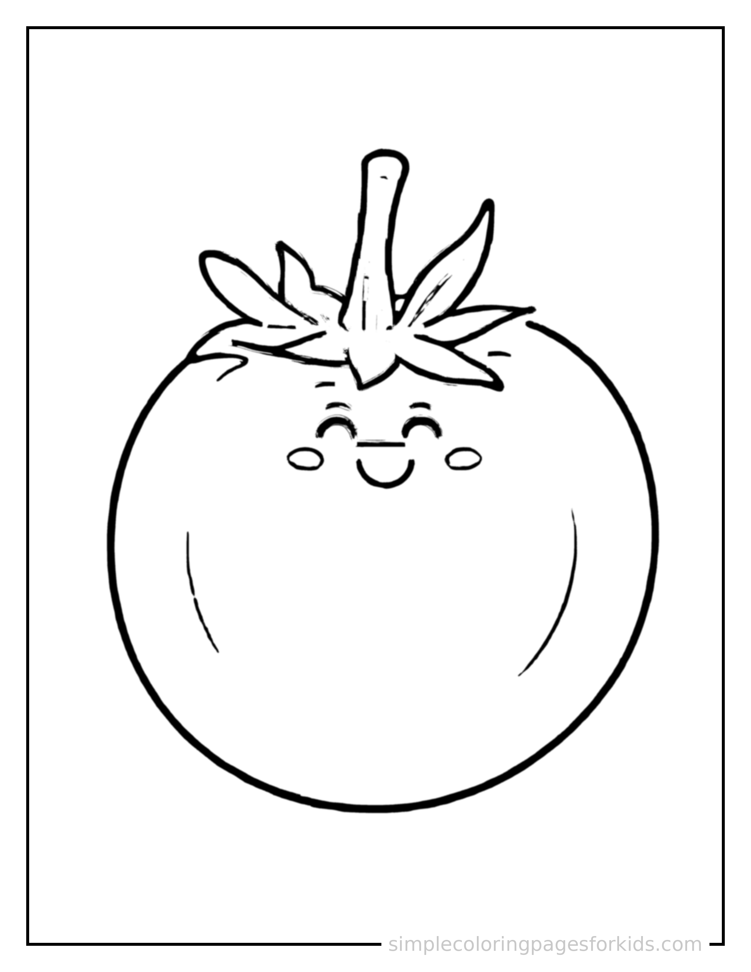 Free printable vegetables coloring page featuring a round tomato with a happy face and a small leaf.