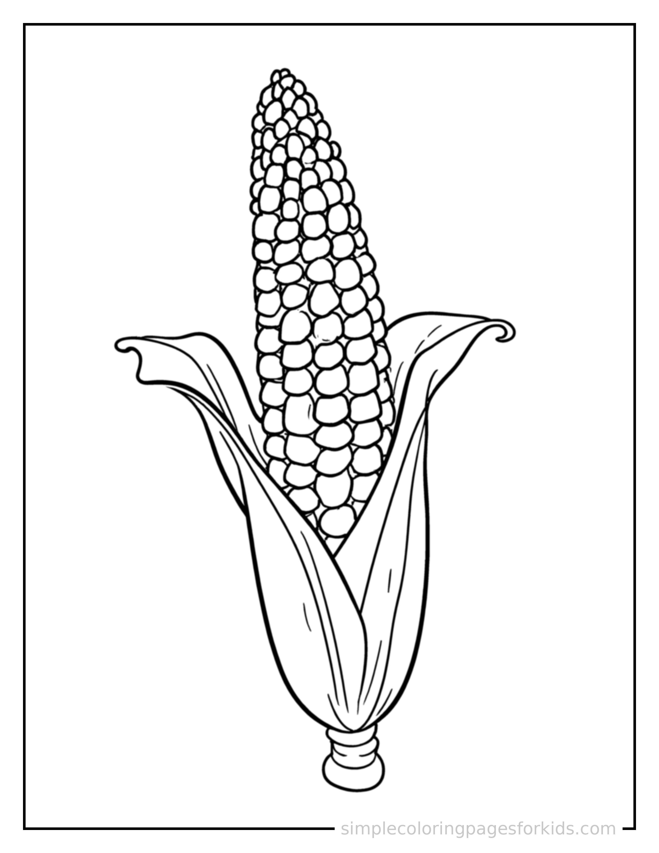 Free printable vegetables coloring page featuring an ear of corn with husks peeled back.