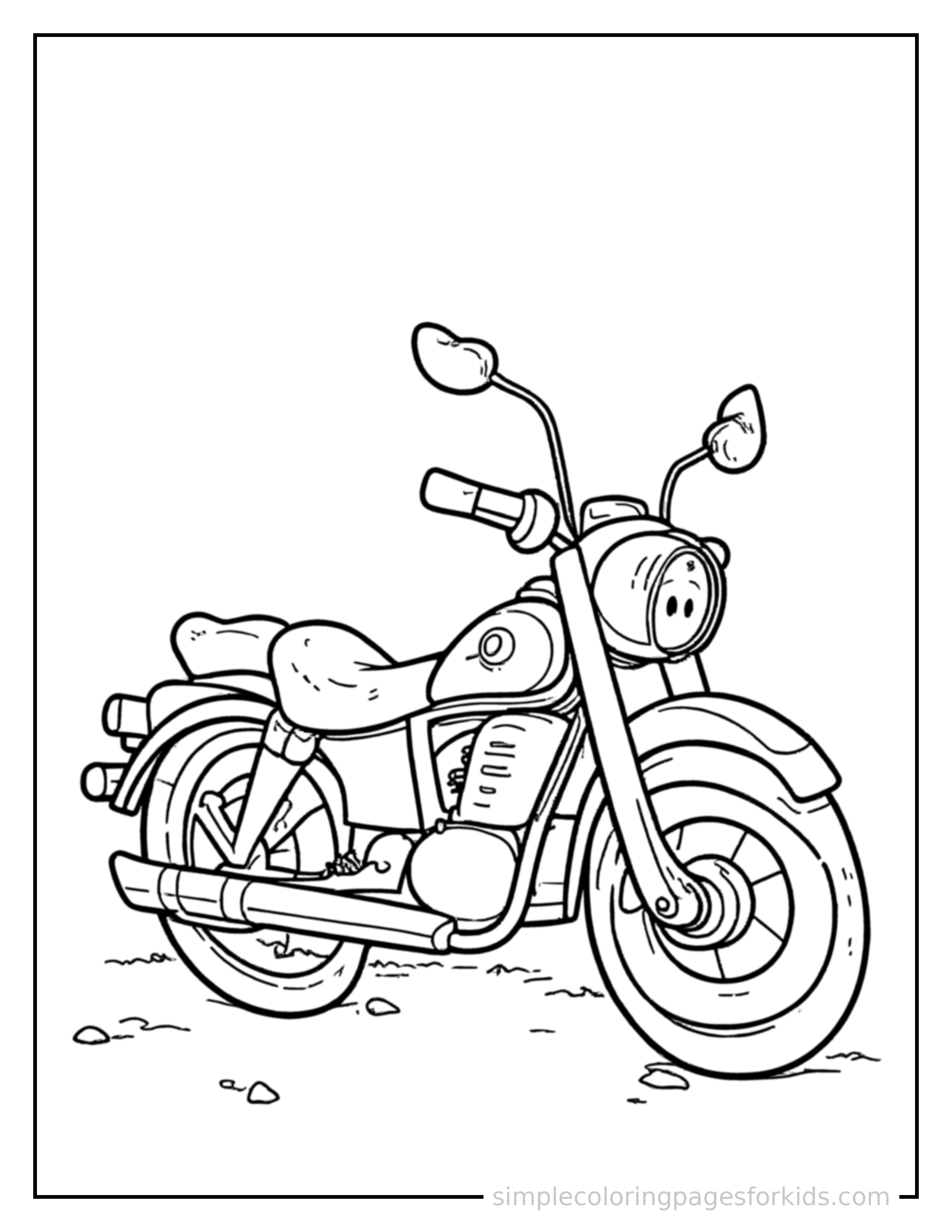 Free printable motorcycle coloring page featuring a cute motorcycle parked and resting with a sleepy happy expression, one headlight winking.