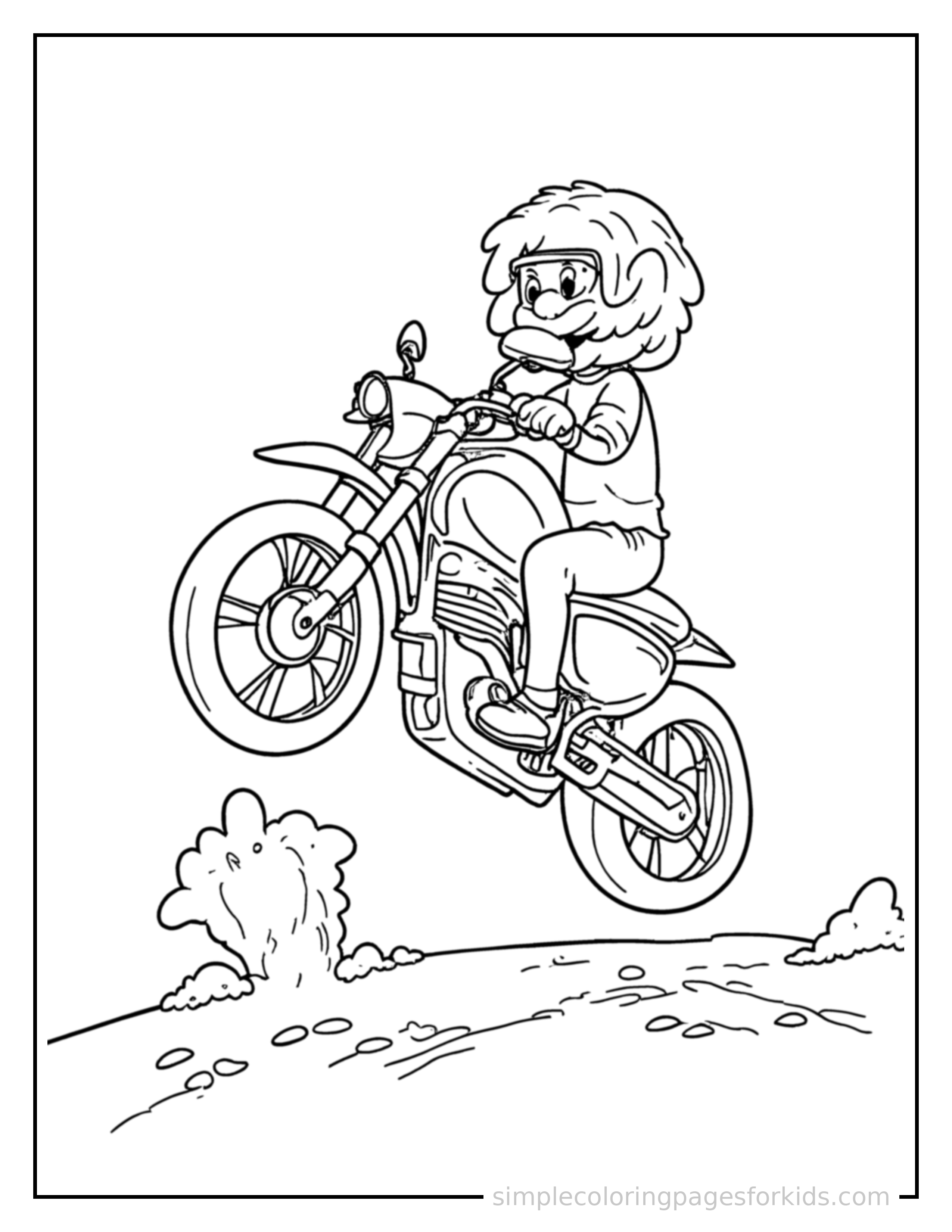 Free printable motorcycle coloring page featuring a cute motorcycle bouncing over a small bump in the road, joyful expression, wheels off the ground.