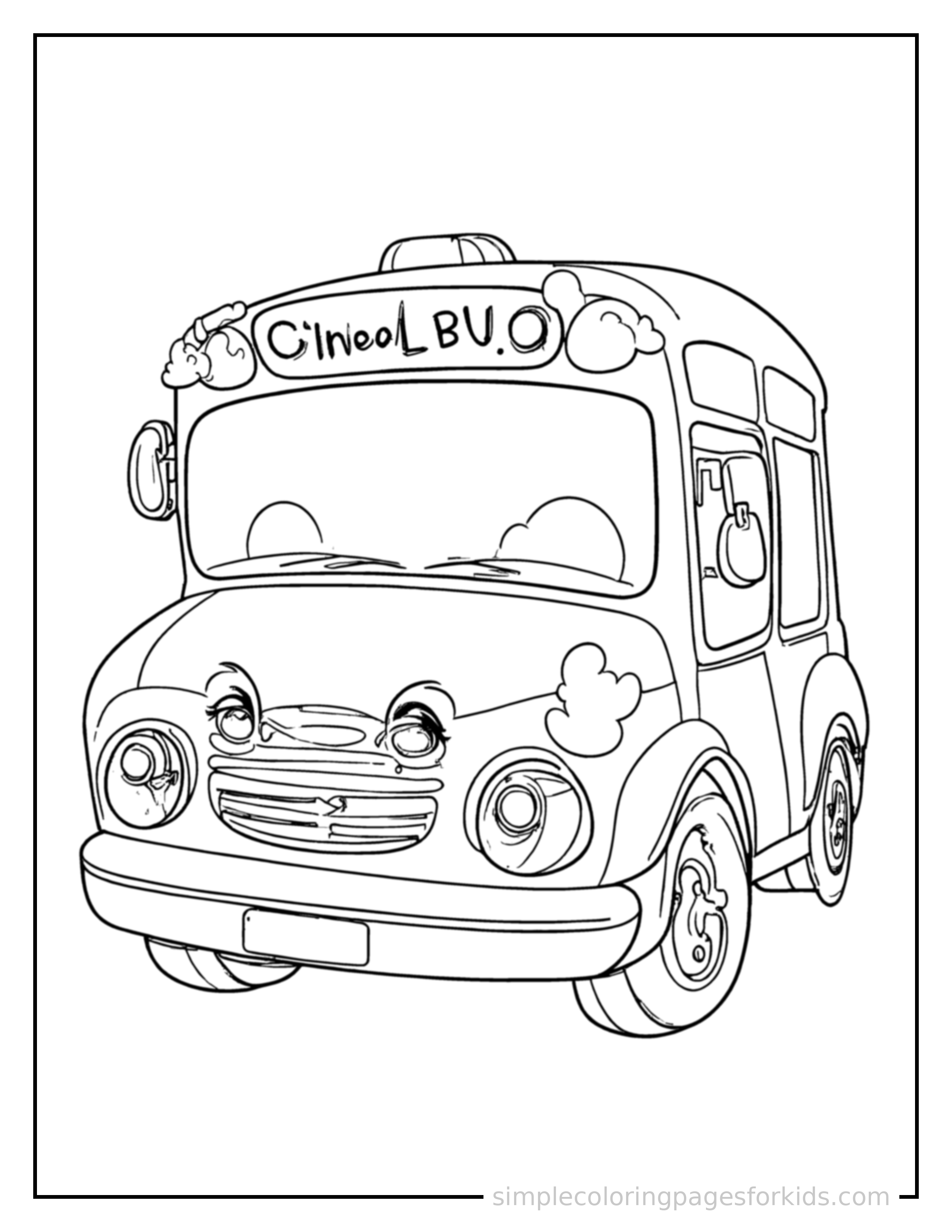 Free printable school bus coloring page featuring a cute school bus parked and resting with a sleepy happy expression, one headlight winking.