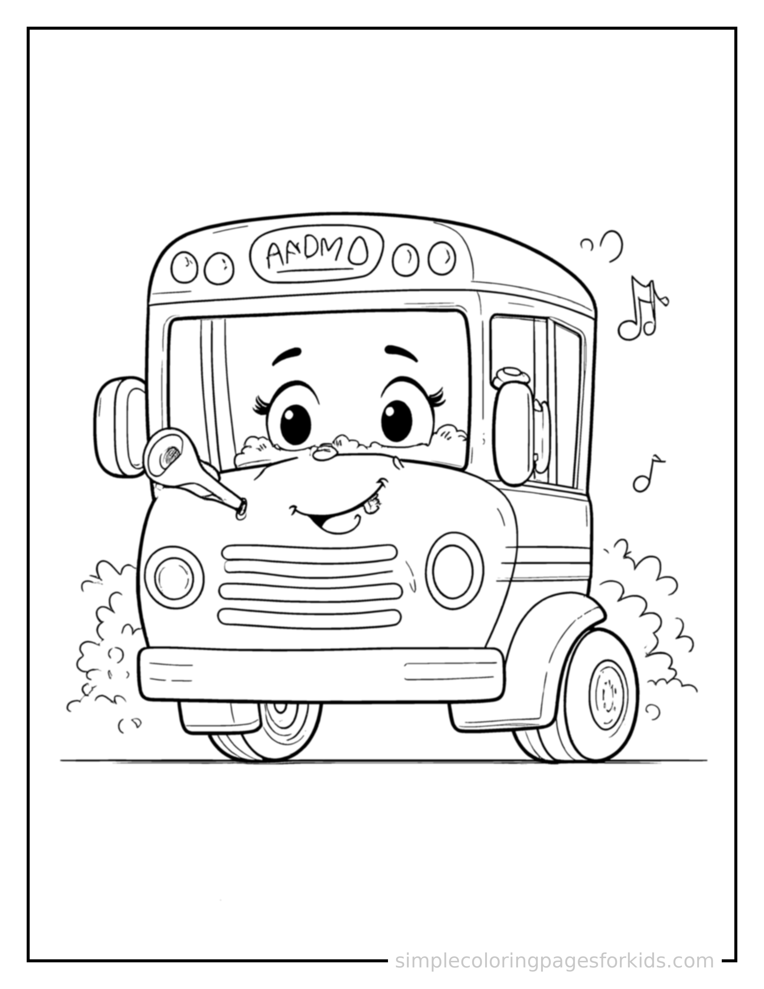 Free printable school bus coloring page featuring a cute school bus honking its horn with an excited open-mouth grin, small musical notes nearby.