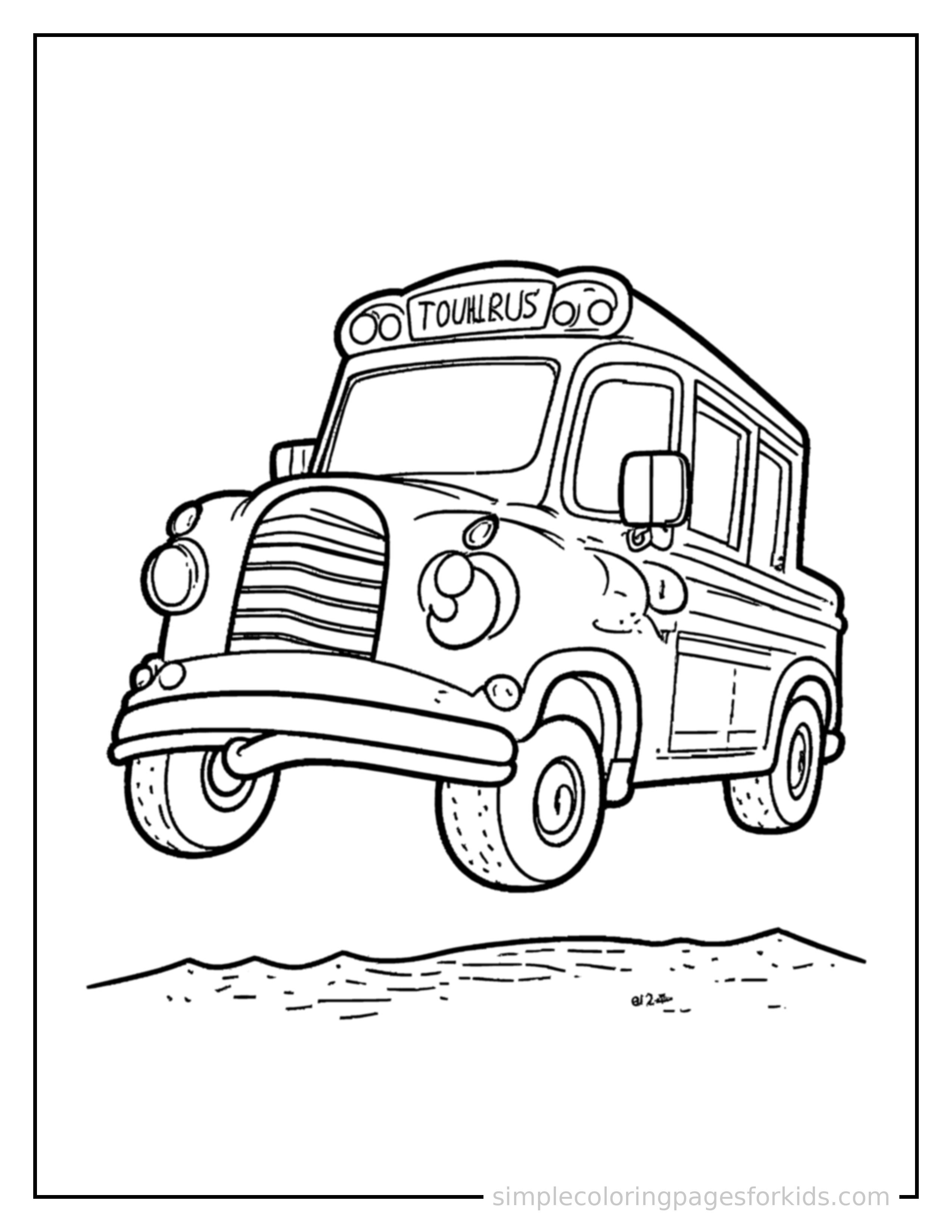 Free printable school bus coloring page featuring a cute school bus bouncing over a small bump in the road, joyful expression, wheels off the ground.
