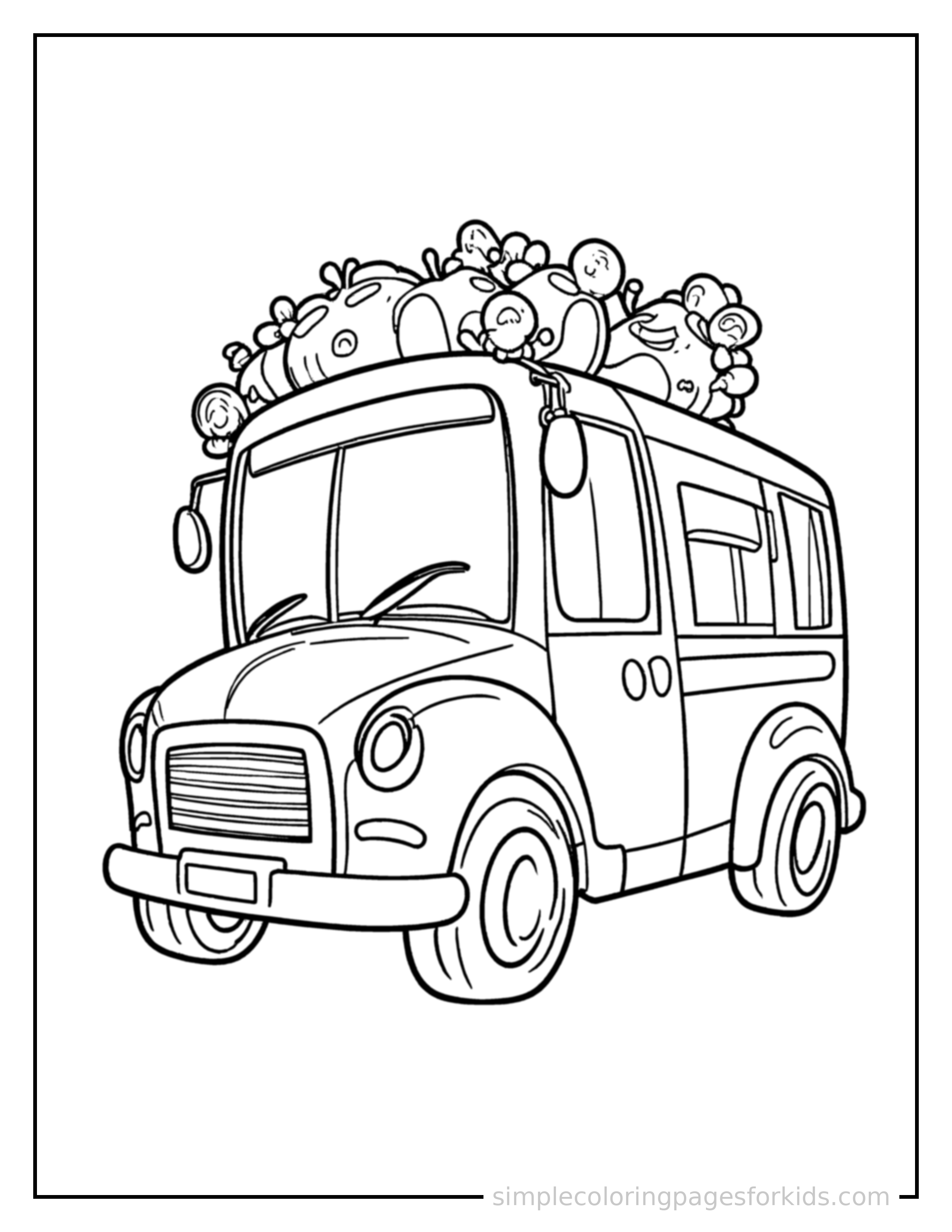 Free printable school bus coloring page featuring a cute school bus loaded up with fun cargo, proud big smile, motion lines showing it moving.