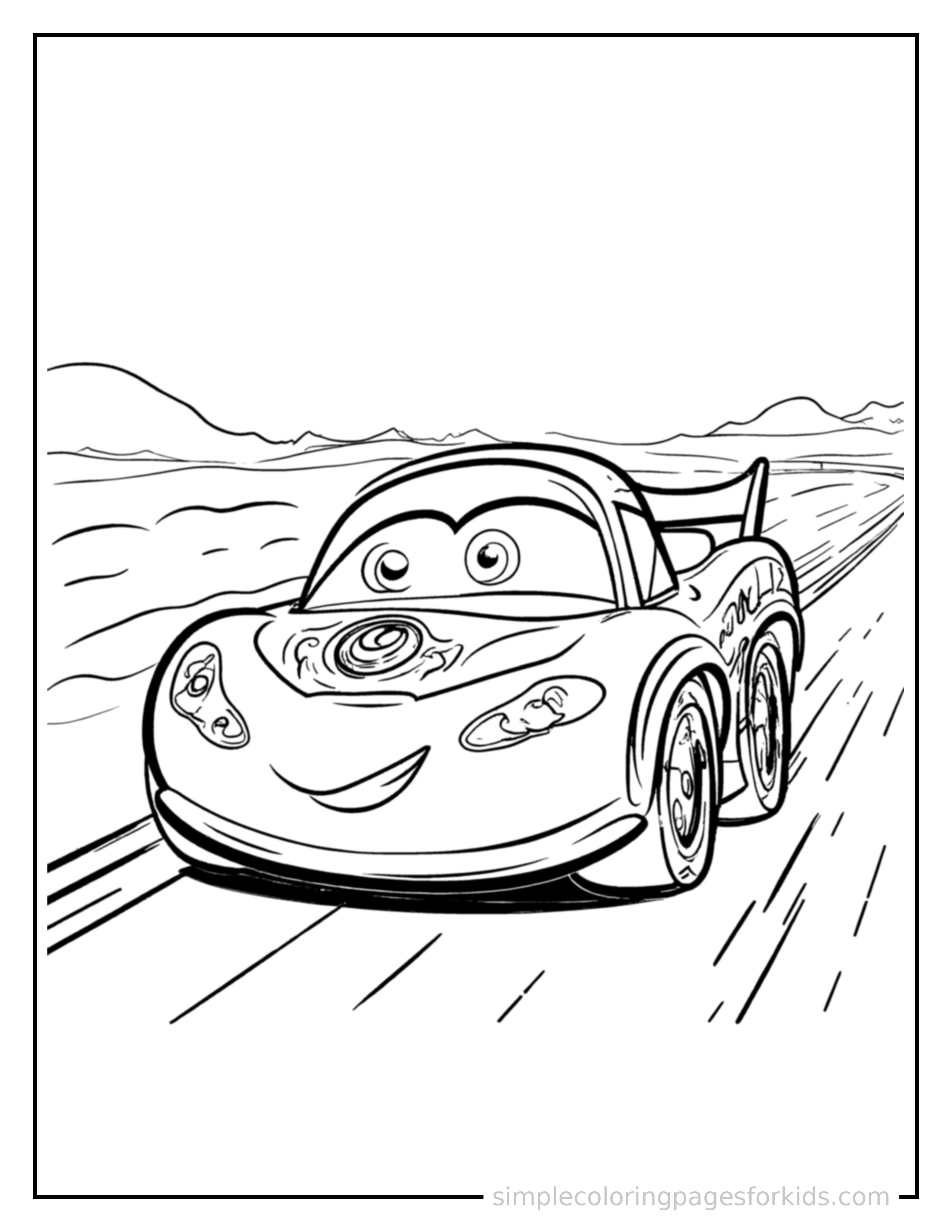 Free printable race car coloring page featuring a cute race car driving forward fast with a big cheerful headlight-eyes face, motion lines trailing behind.