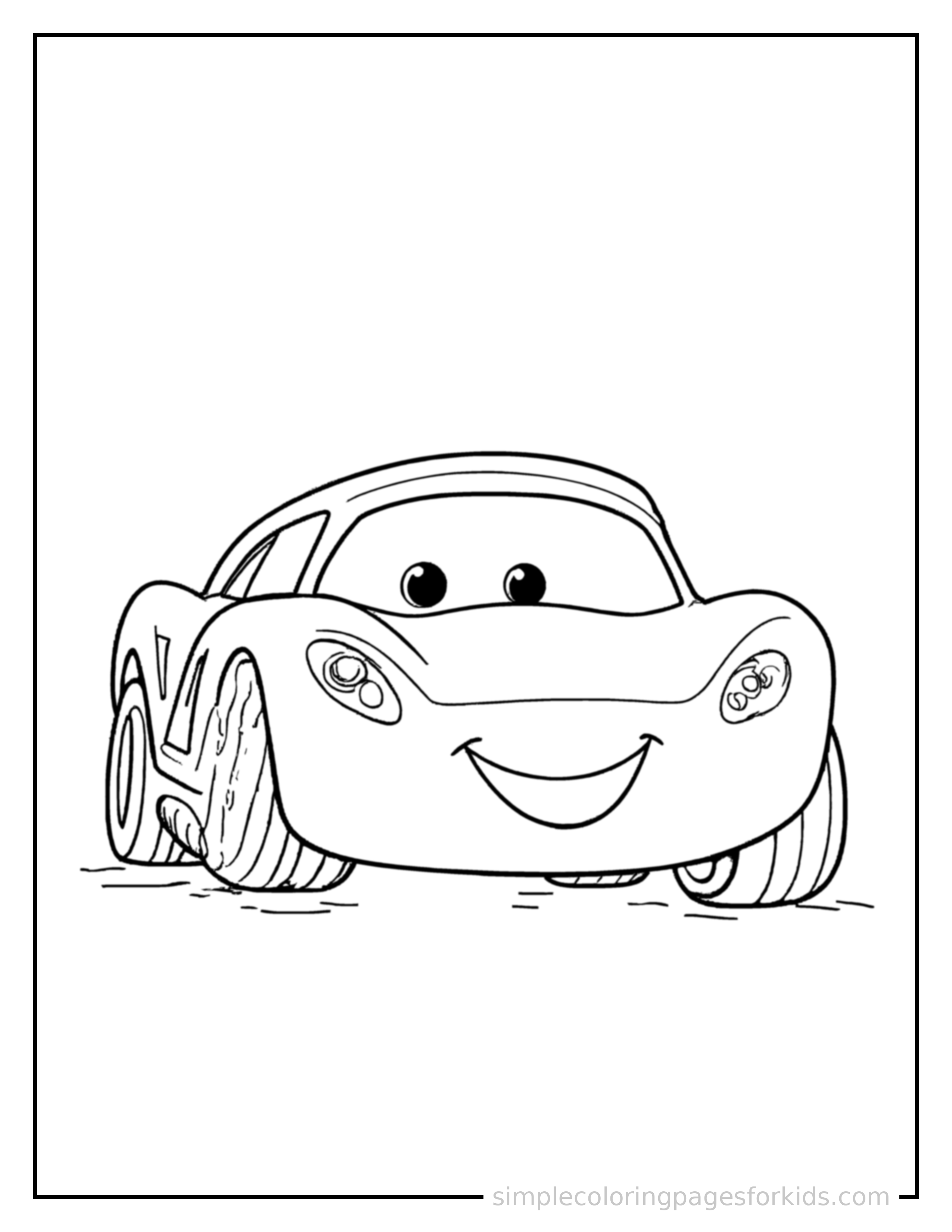 Free printable race car coloring page featuring a cute race car parked and resting with a sleepy happy expression, one headlight winking.
