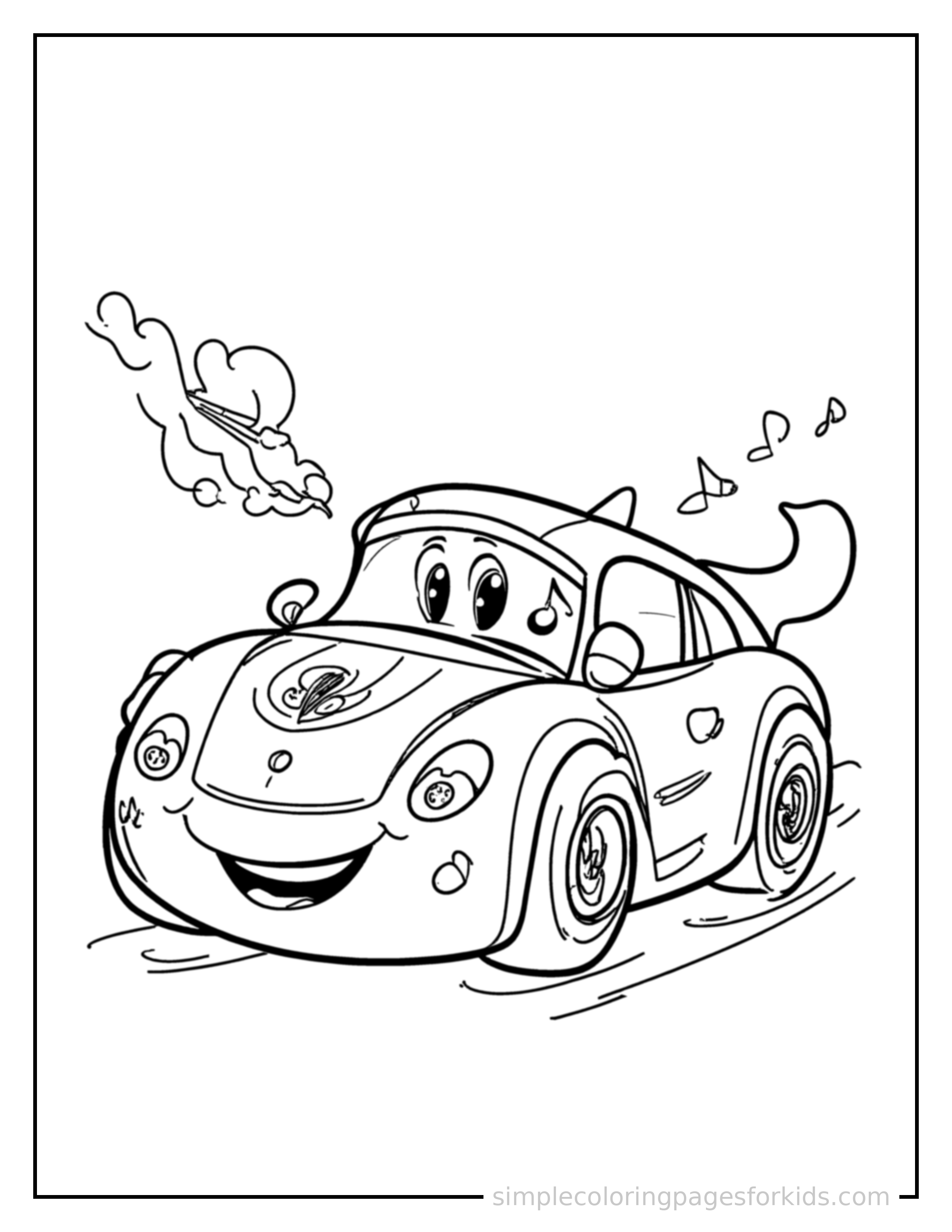 Free printable race car coloring page featuring a cute race car honking its horn with an excited open-mouth grin, small musical notes nearby.