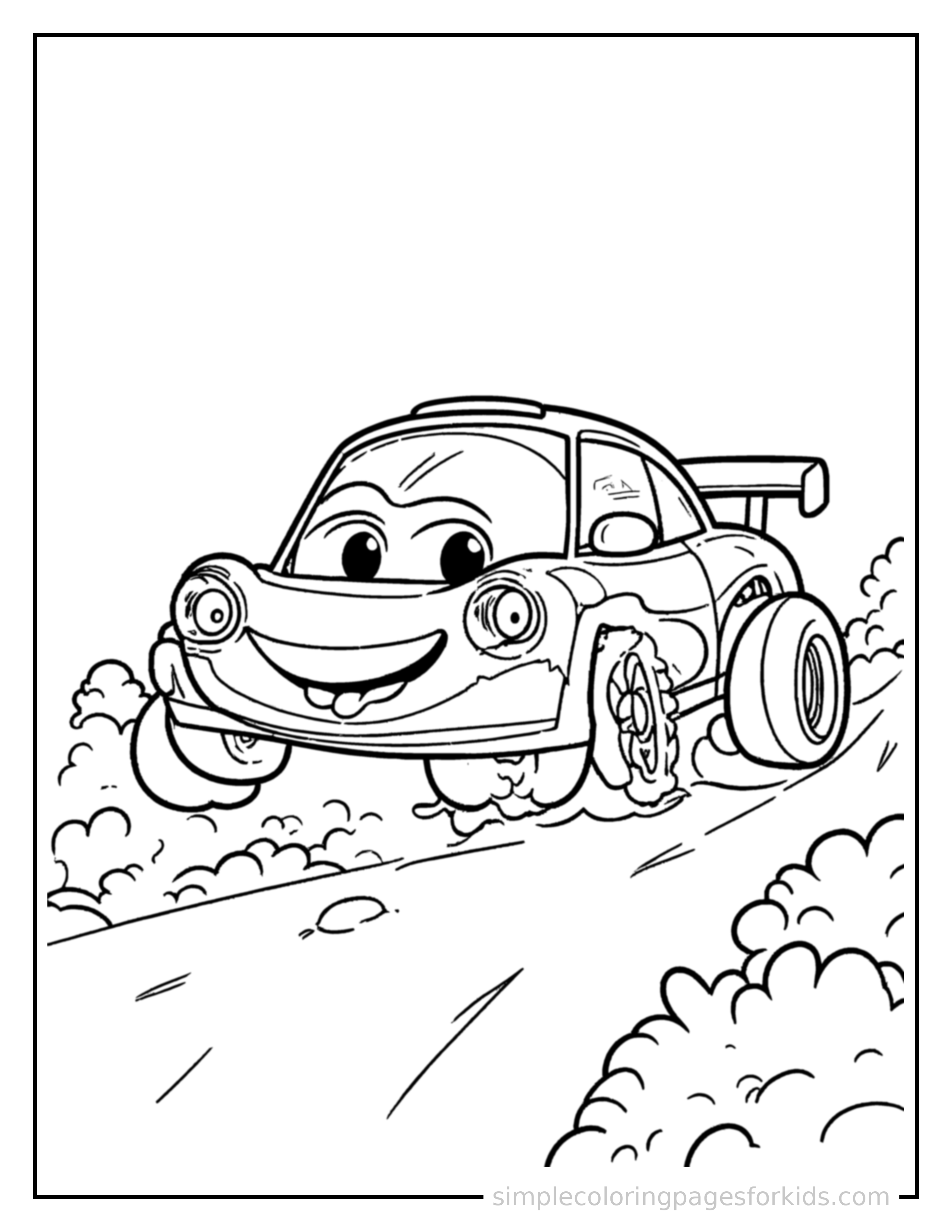 Free printable race car coloring page featuring a cute race car bouncing over a small bump in the road, joyful expression, wheels off the ground.