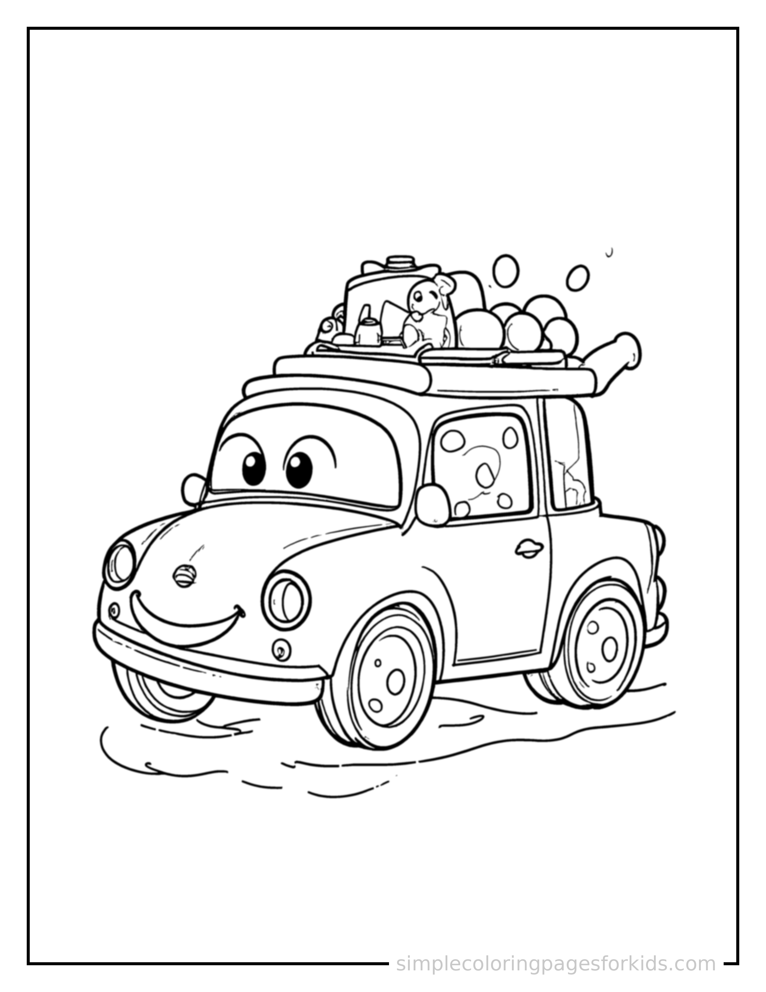 Free printable race car coloring page featuring a cute race car loaded up with fun cargo, proud big smile, motion lines showing it moving.