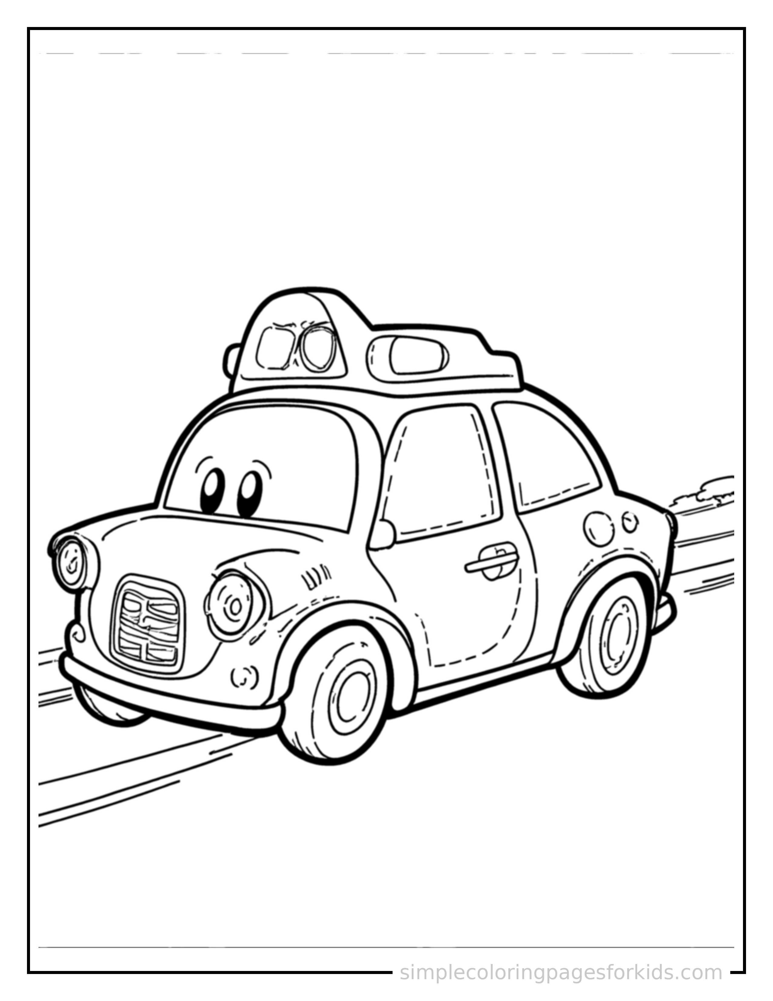 Free printable police car coloring page featuring a cute police car driving forward fast with a big cheerful headlight-eyes face, motion lines trailing behind.