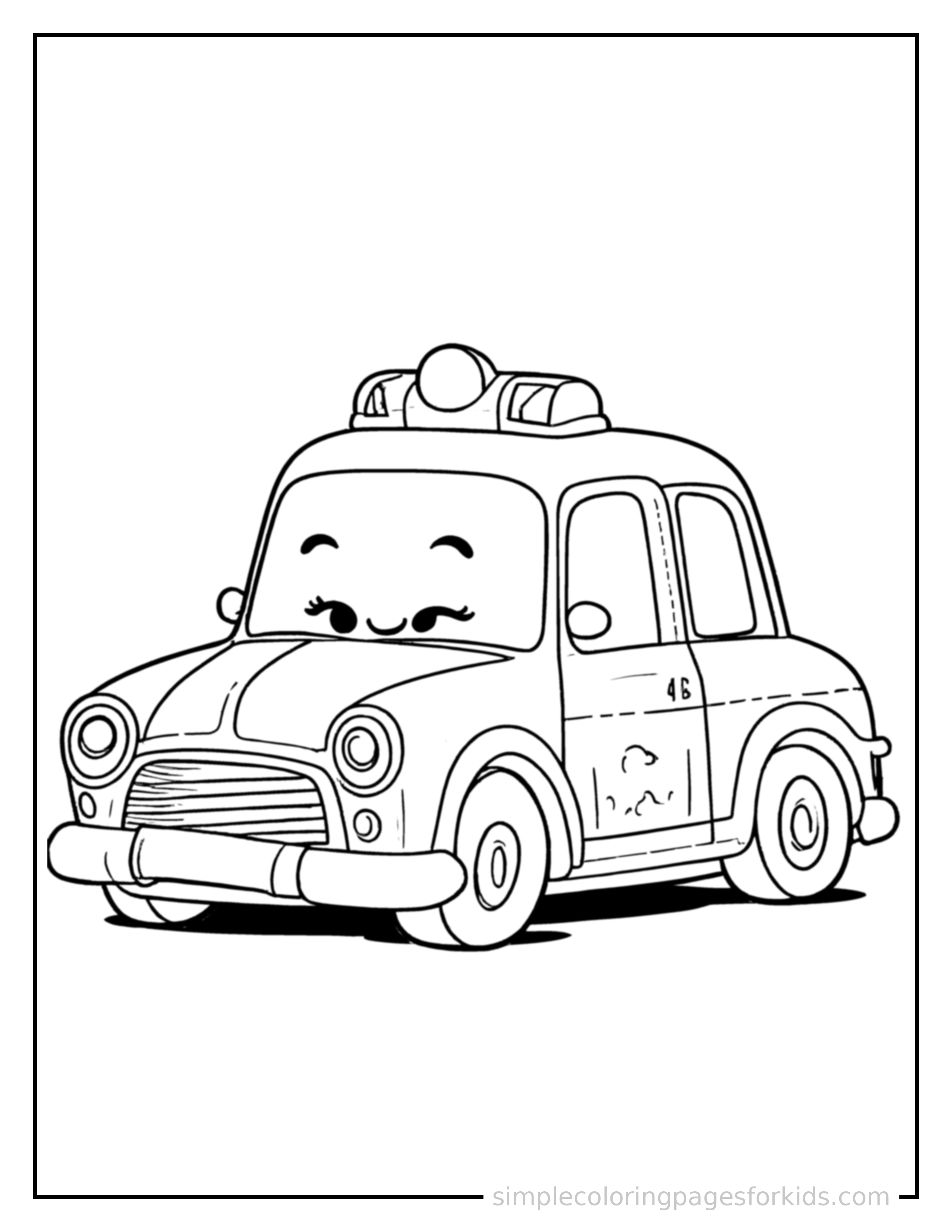 Free printable police car coloring page featuring a cute police car parked and resting with a sleepy happy expression, one headlight winking.