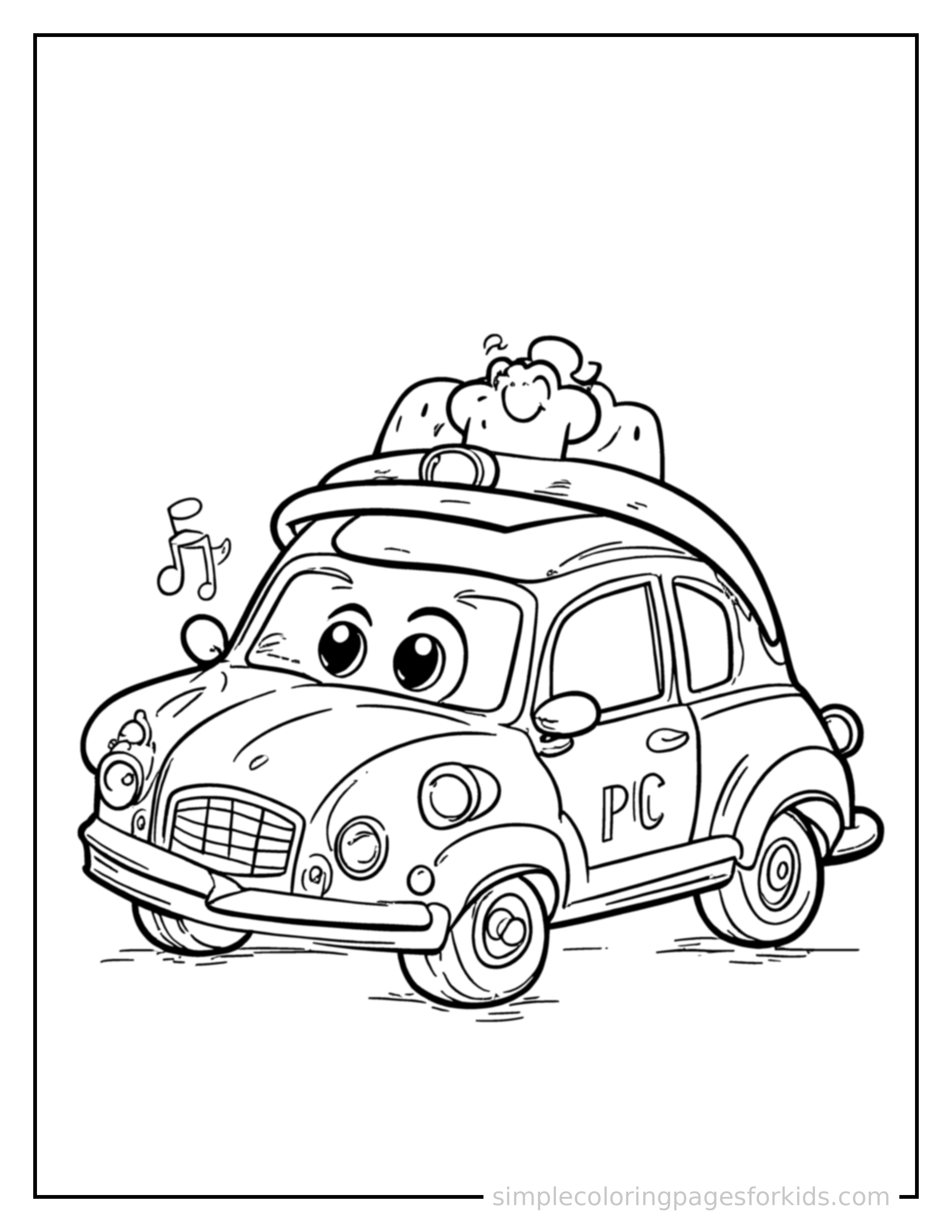 Free printable police car coloring page featuring a cute police car honking its horn with an excited open-mouth grin, small musical notes nearby.