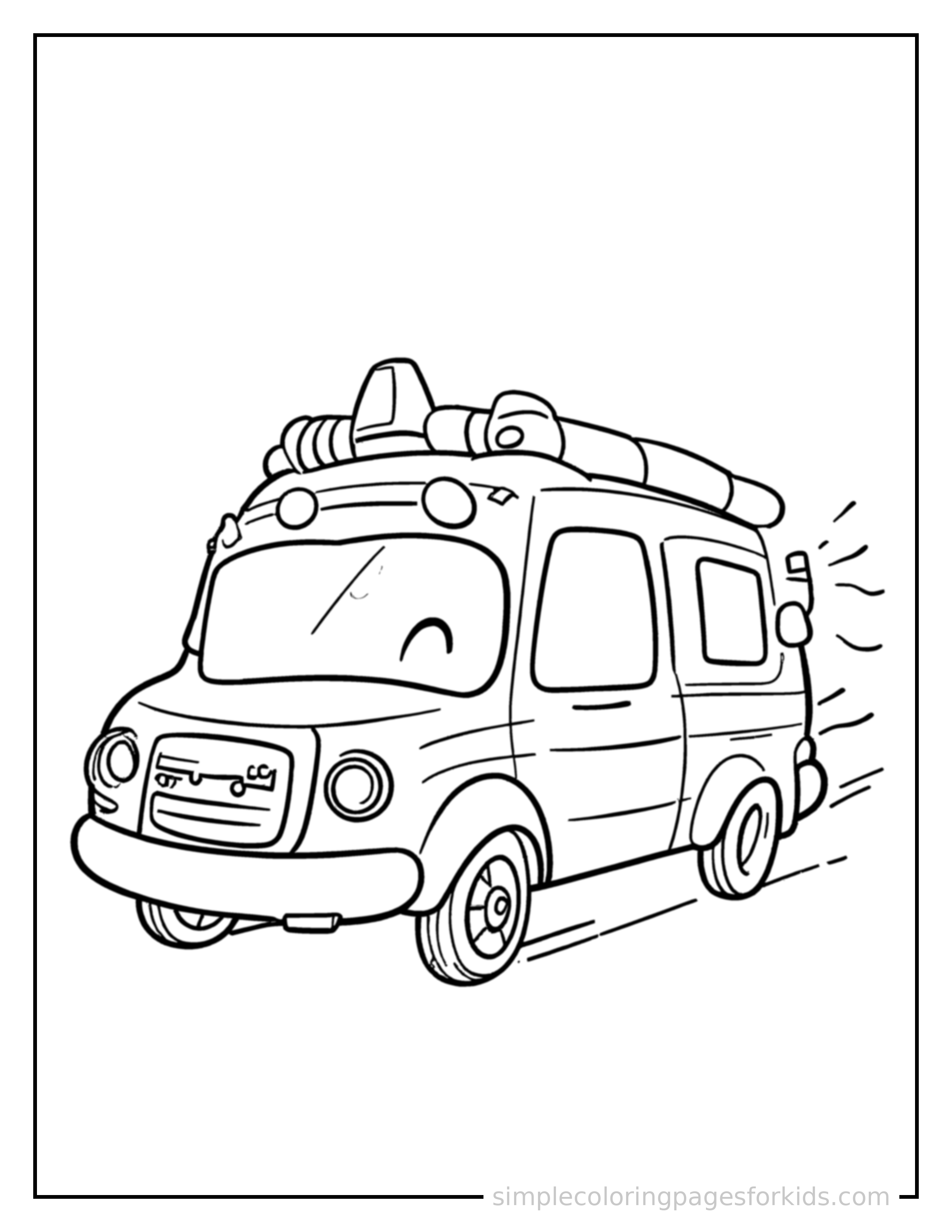 Free printable ambulance coloring page featuring a cute ambulance driving forward fast with a big cheerful headlight-eyes face, motion lines trailing behind.