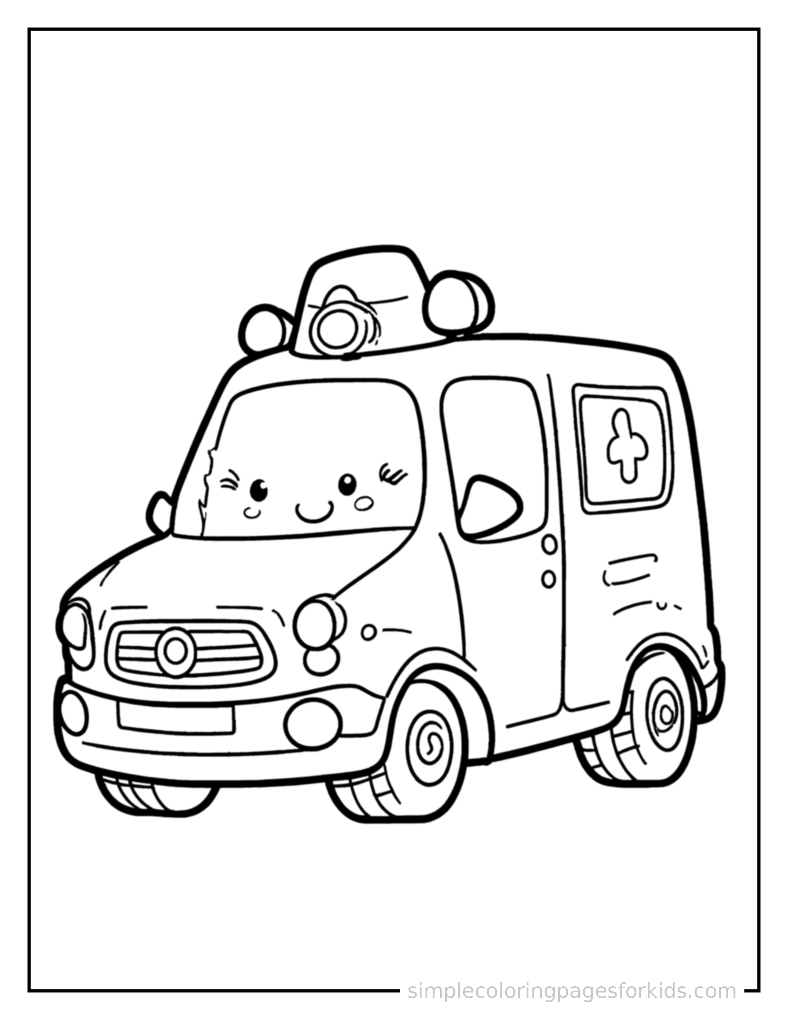 Free printable ambulance coloring page featuring a cute ambulance parked and resting with a sleepy happy expression, one headlight winking.