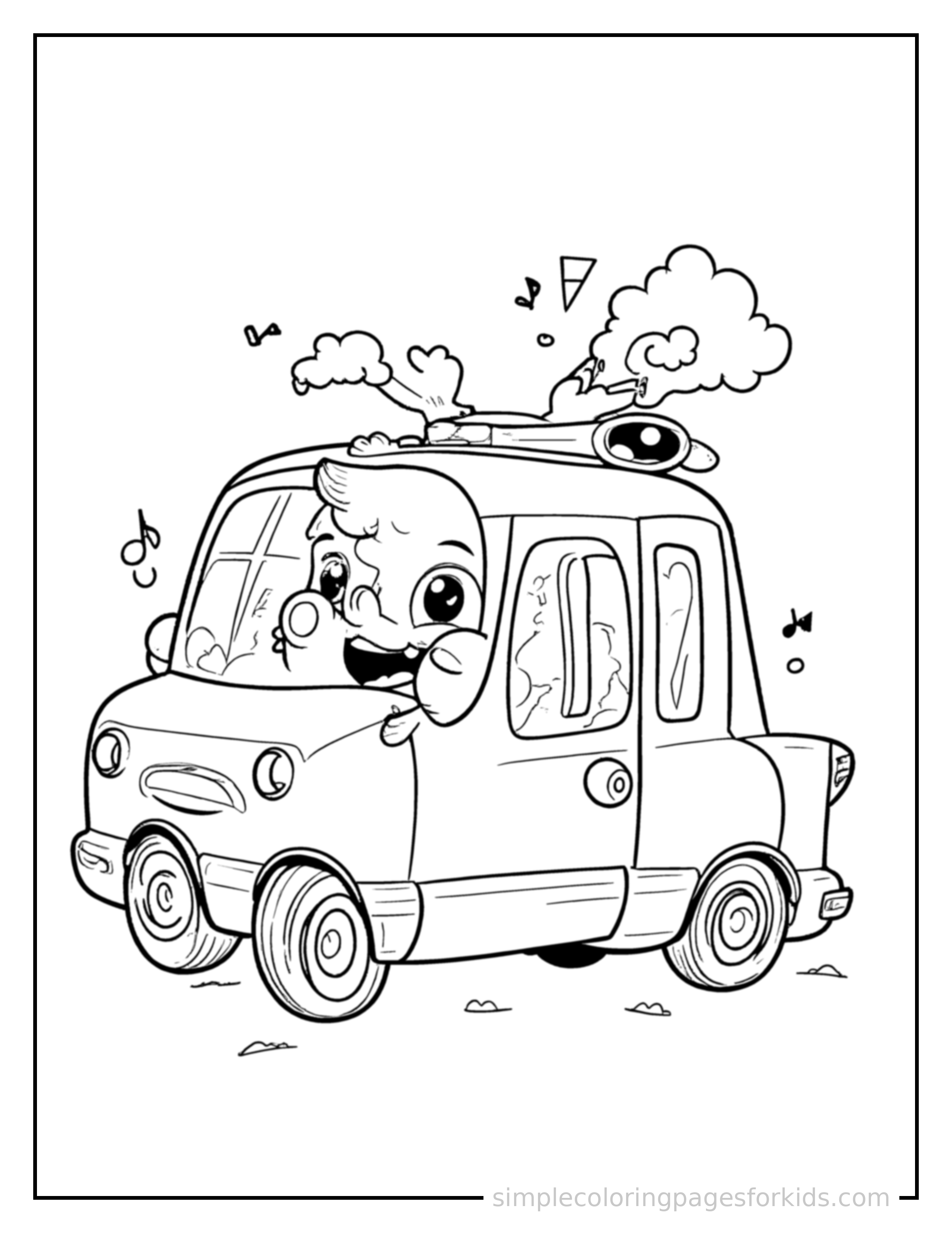 Free printable ambulance coloring page featuring a cute ambulance honking its horn with an excited open-mouth grin, small musical notes nearby.
