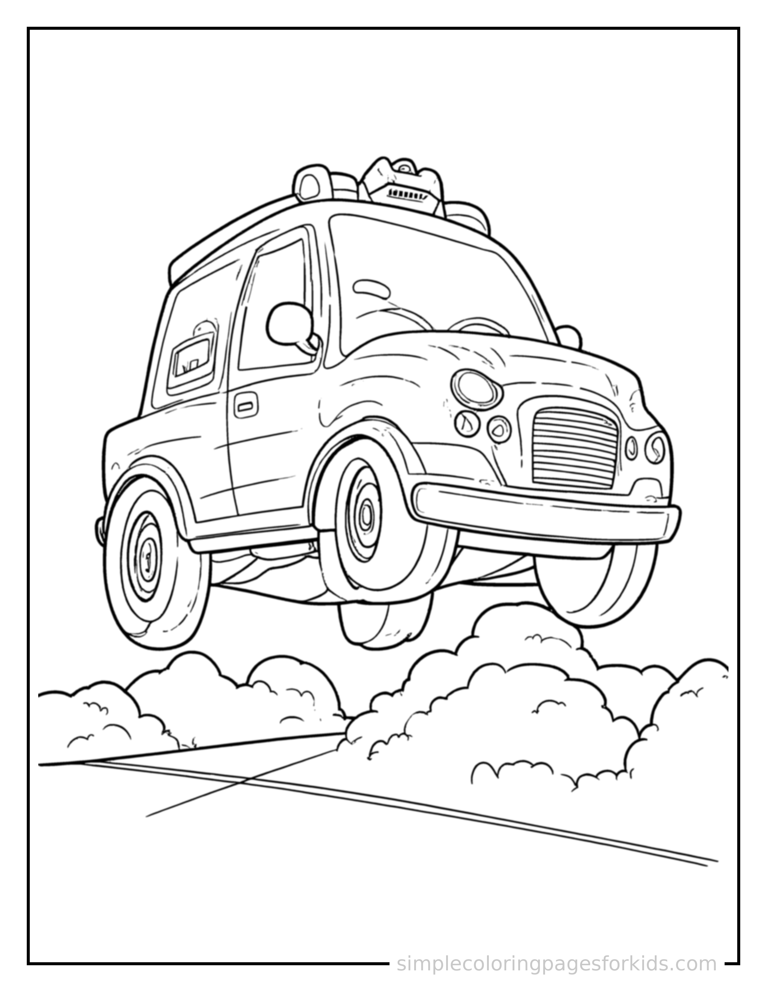 Free printable ambulance coloring page featuring a cute ambulance bouncing over a small bump in the road, joyful expression, wheels off the ground.