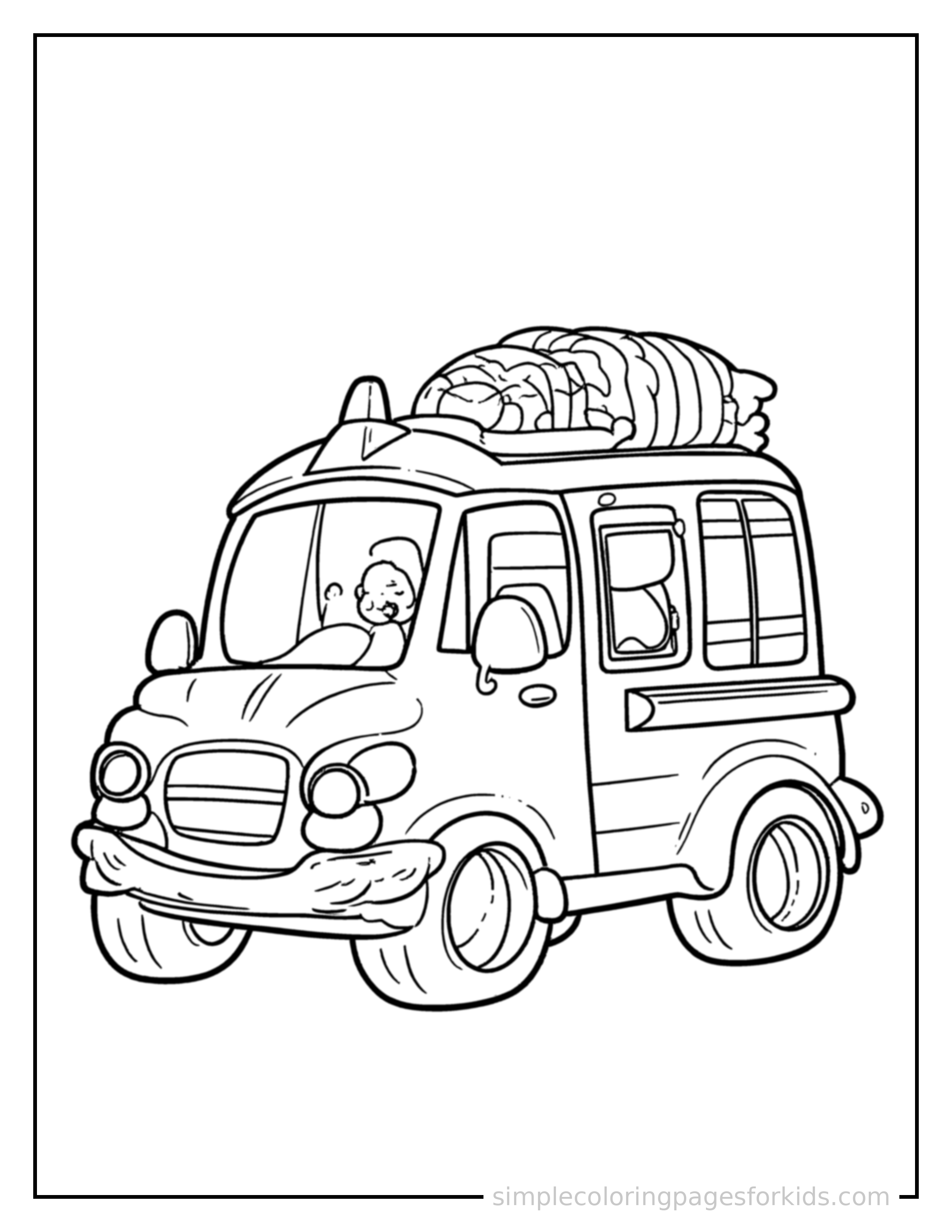 Free printable ambulance coloring page featuring a cute ambulance loaded up with fun cargo, proud big smile, motion lines showing it moving.
