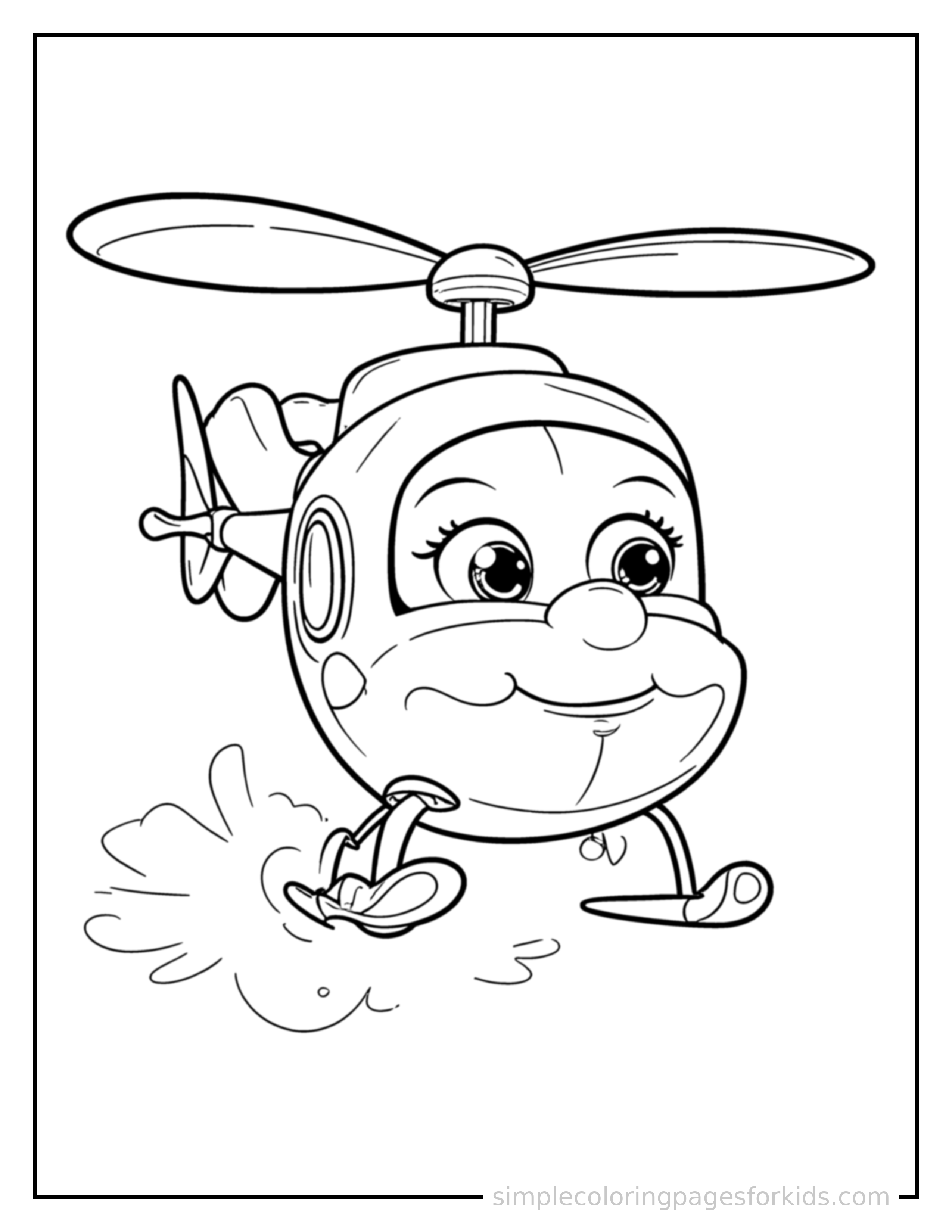 Free printable helicopter coloring page featuring a cute helicopter driving forward fast with a big cheerful headlight-eyes face, motion lines trailing behind.