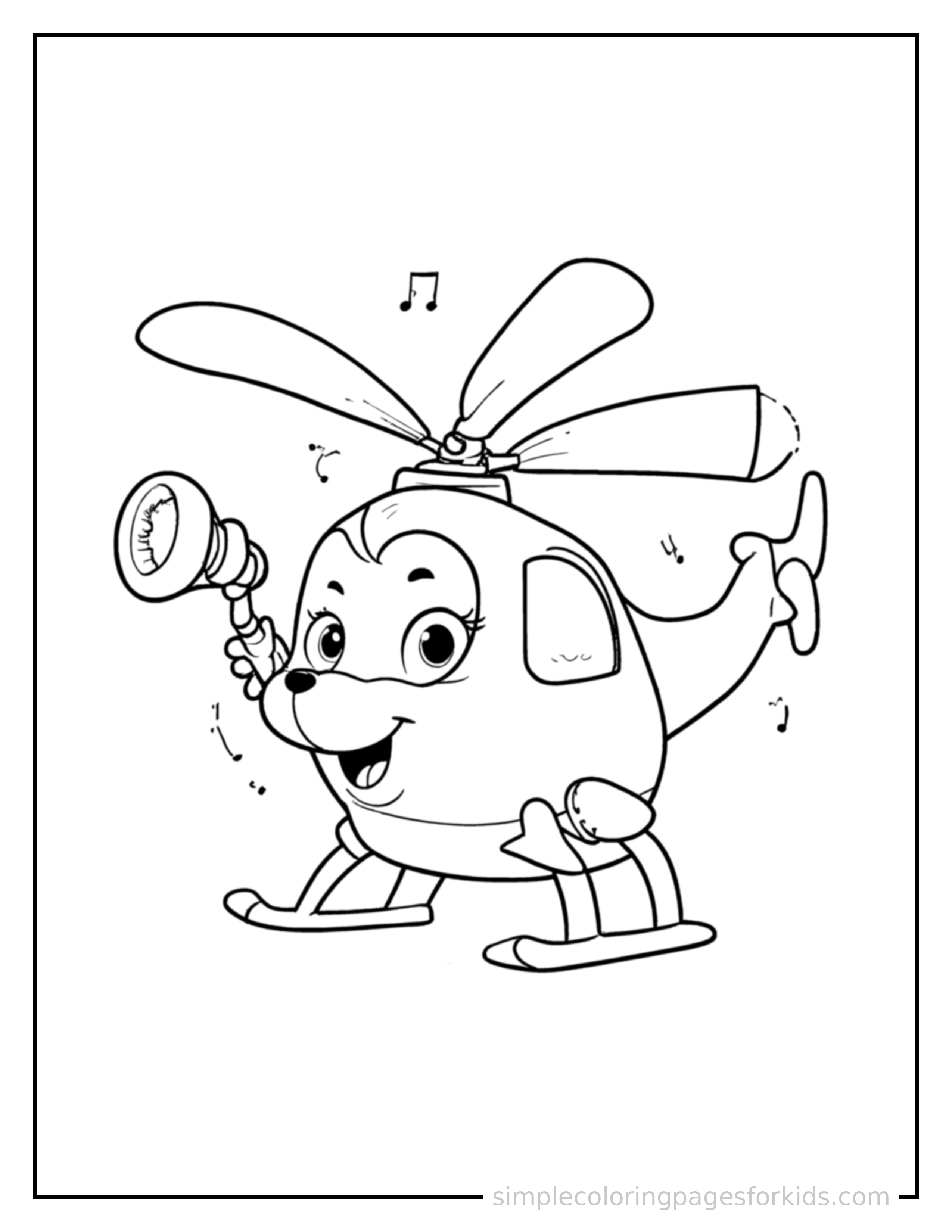 Free printable helicopter coloring page featuring a cute helicopter honking its horn with an excited open-mouth grin, small musical notes nearby.