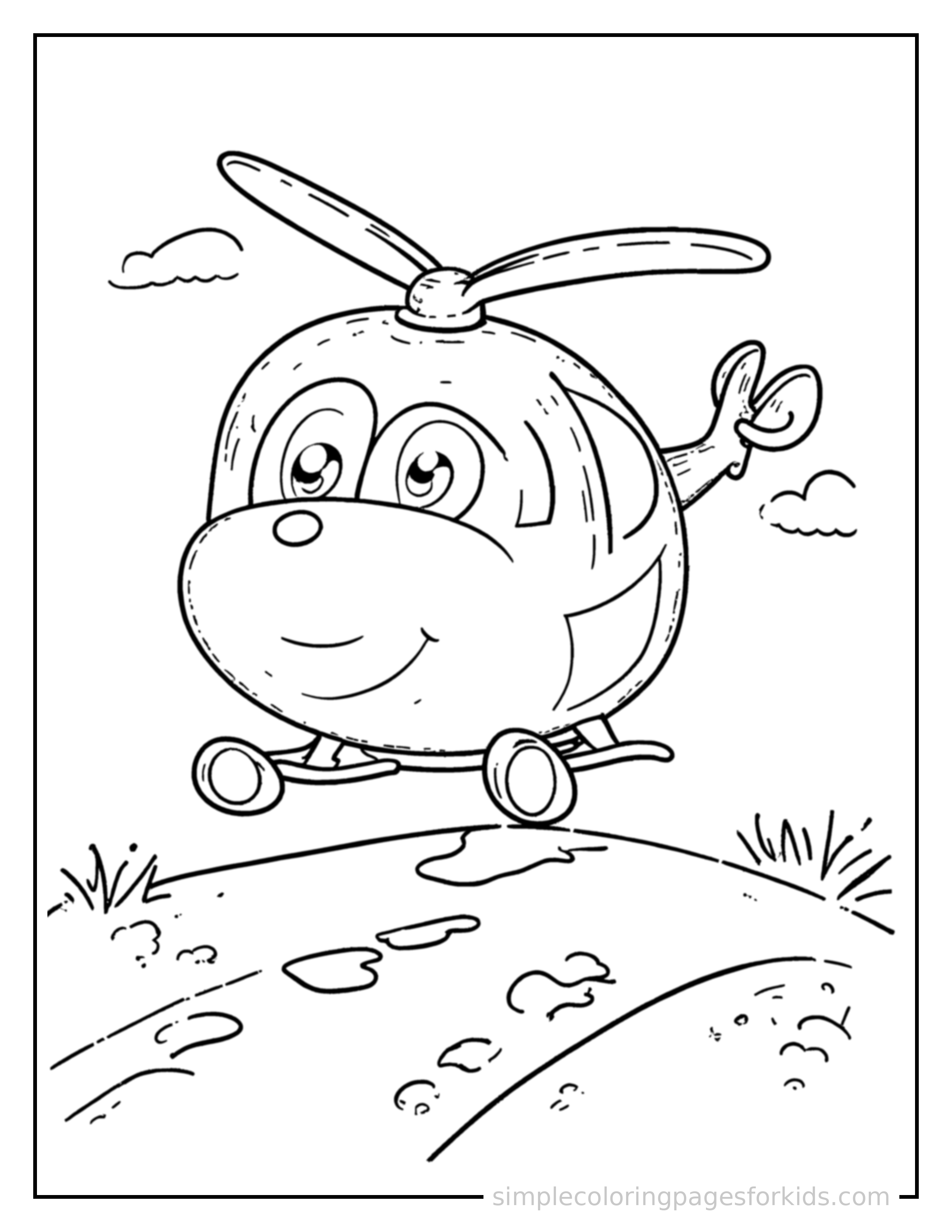 Free printable helicopter coloring page featuring a cute helicopter bouncing over a small bump in the road, joyful expression, wheels off the ground.