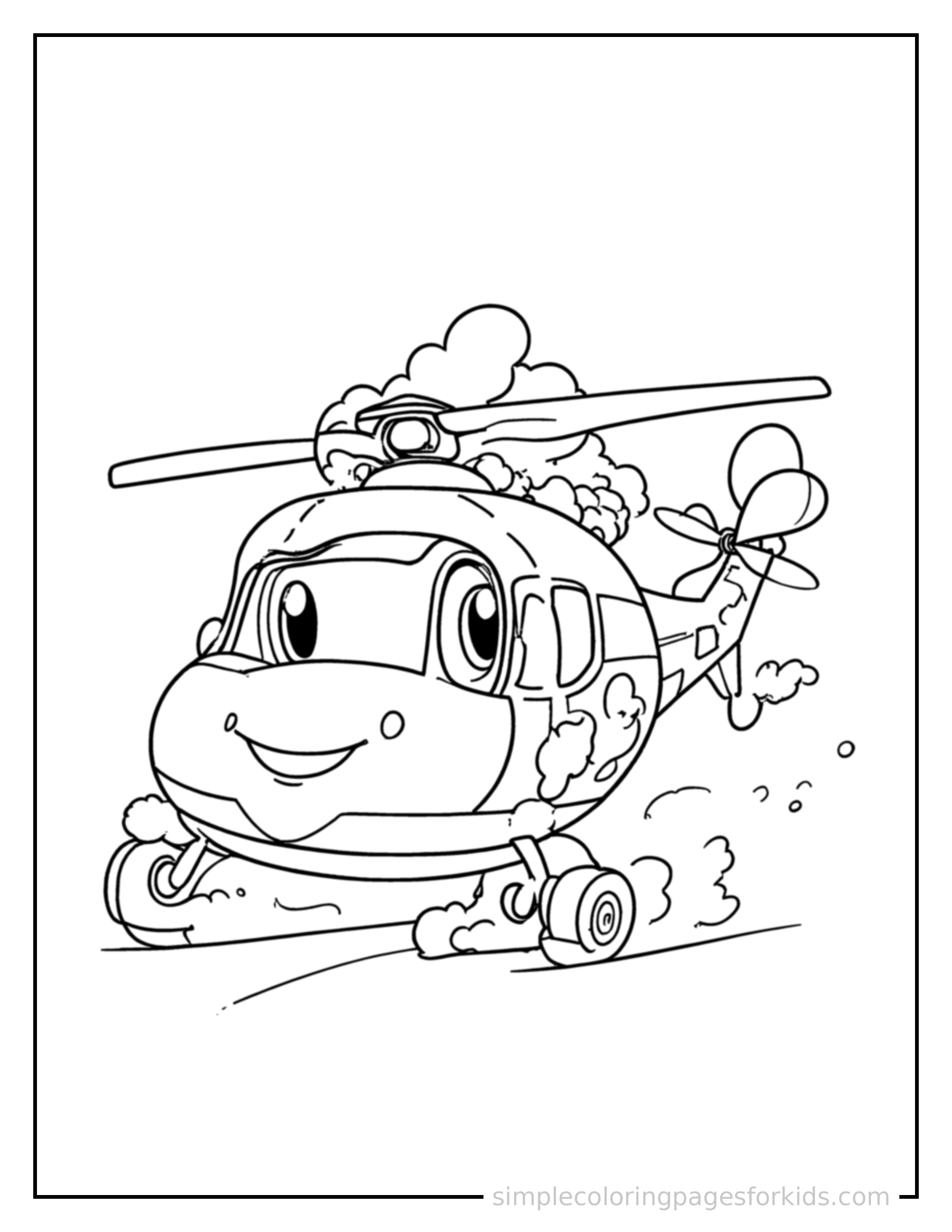 Free printable helicopter coloring page featuring a cute helicopter loaded up with fun cargo, proud big smile, motion lines showing it moving.