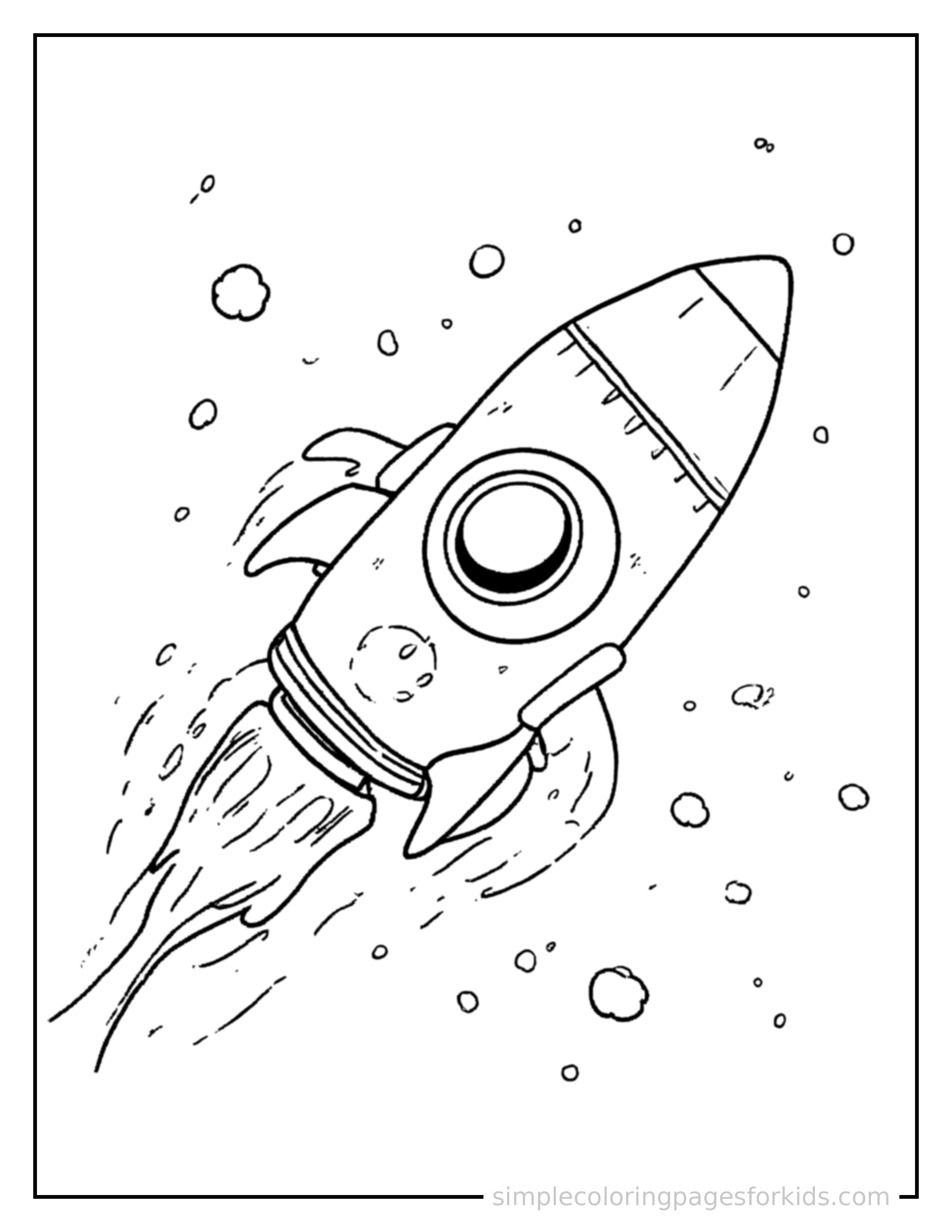 Free printable rocket ship coloring page featuring a cute rocket ship driving forward fast with a big cheerful headlight-eyes face, motion lines trailing behind.
