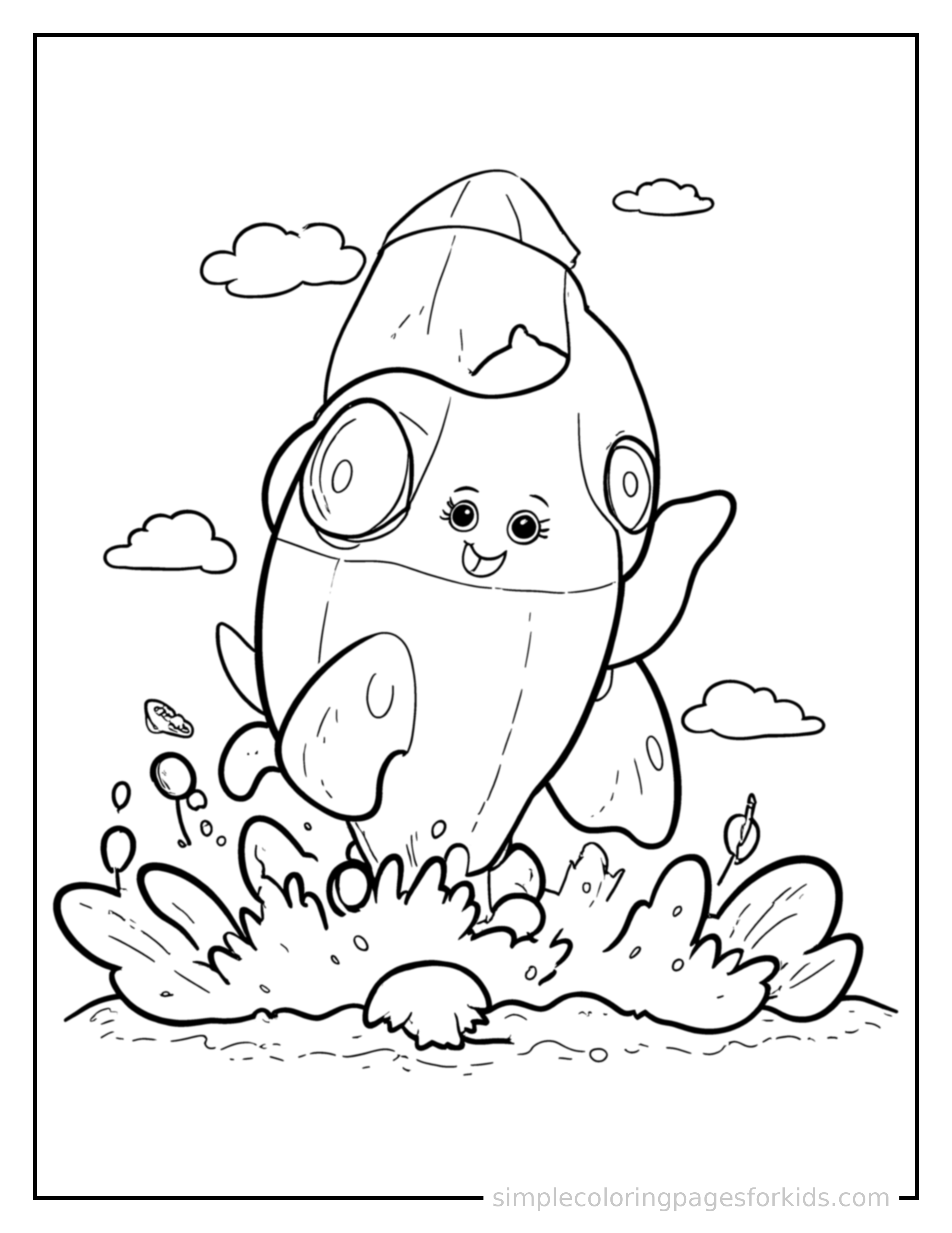 Free printable rocket ship coloring page featuring a cute rocket ship parked and resting with a sleepy happy expression, one headlight winking.