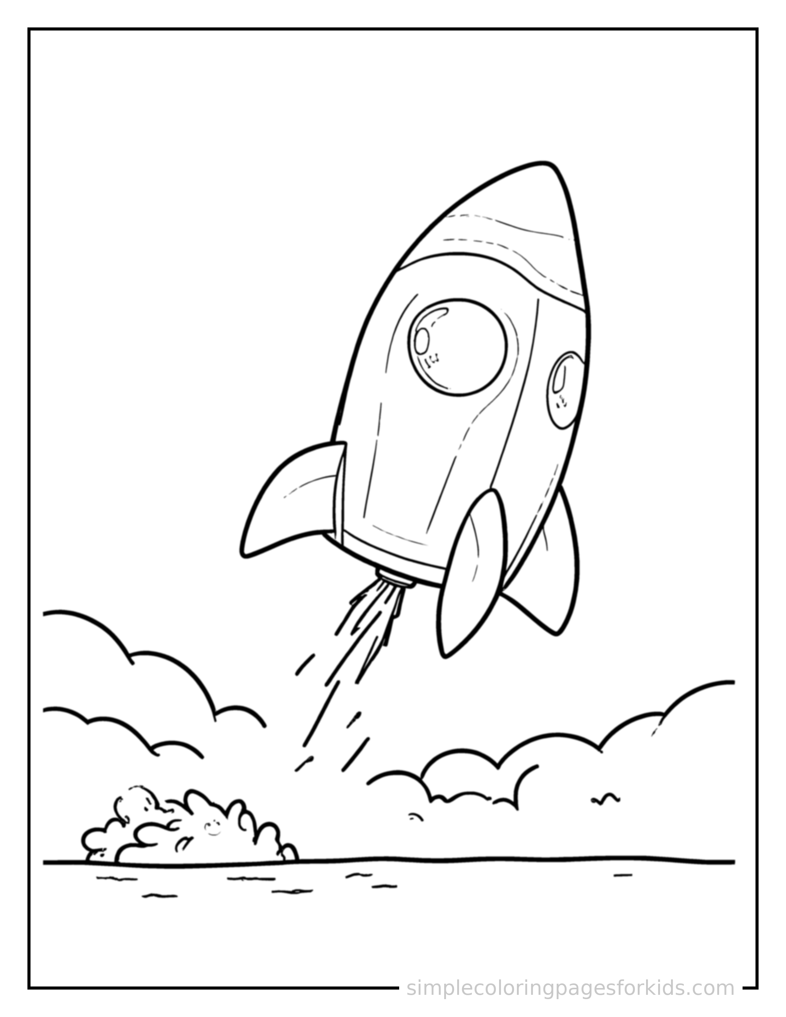 Free printable rocket ship coloring page featuring a cute rocket ship bouncing over a small bump in the road, joyful expression, wheels off the ground.