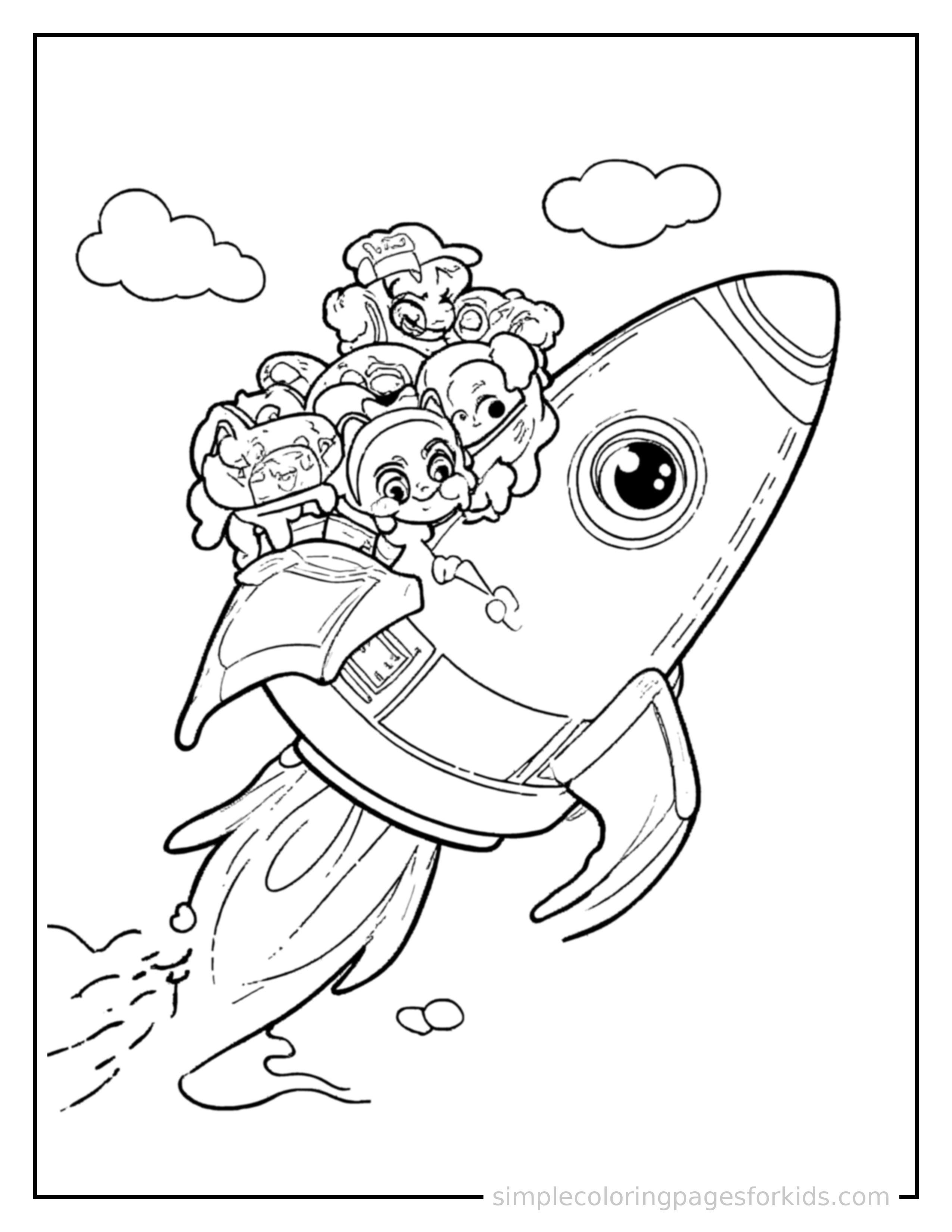 Free printable rocket ship coloring page featuring a cute rocket ship loaded up with fun cargo, proud big smile, motion lines showing it moving.