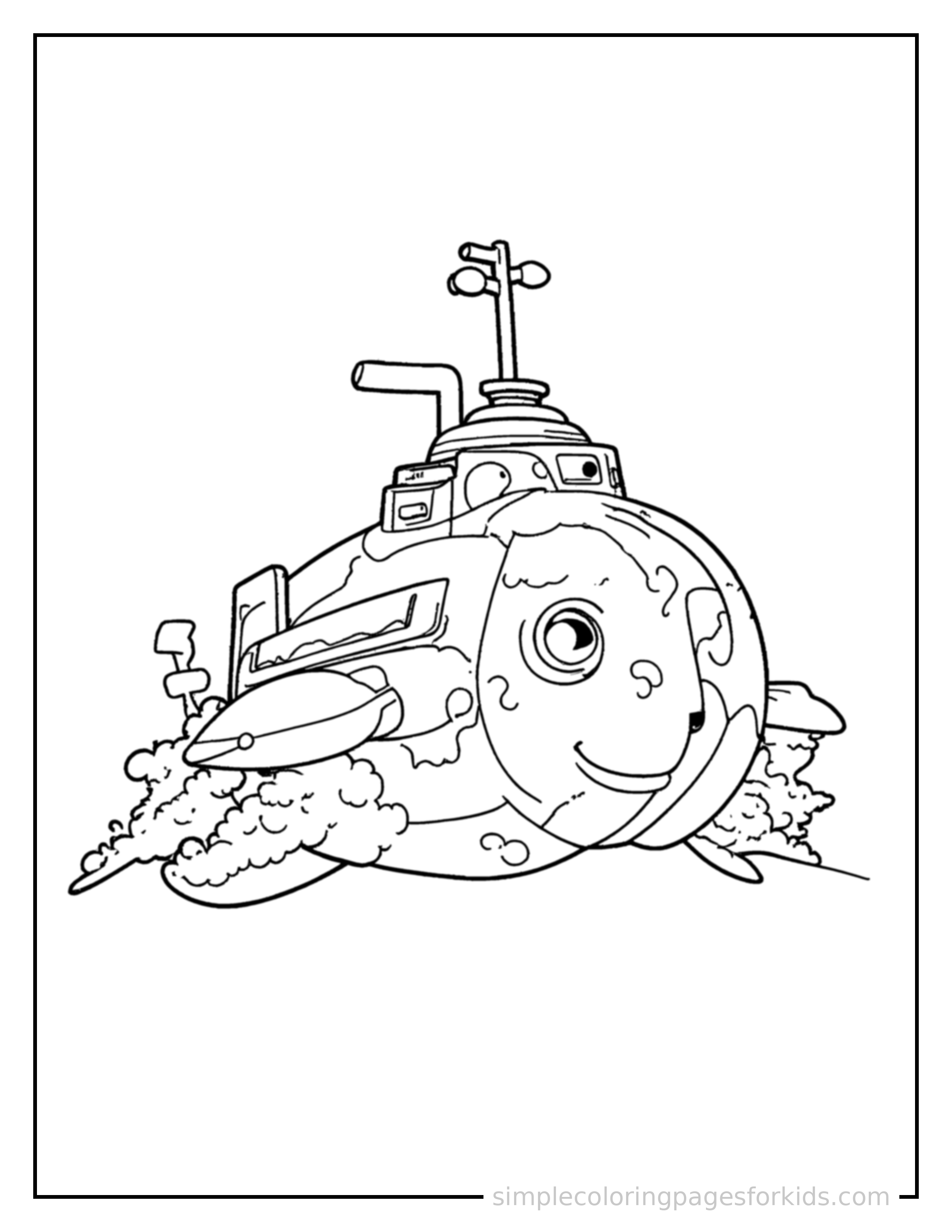 Free printable submarine coloring page featuring a cute submarine driving forward fast with a big cheerful headlight-eyes face, motion lines trailing behind.