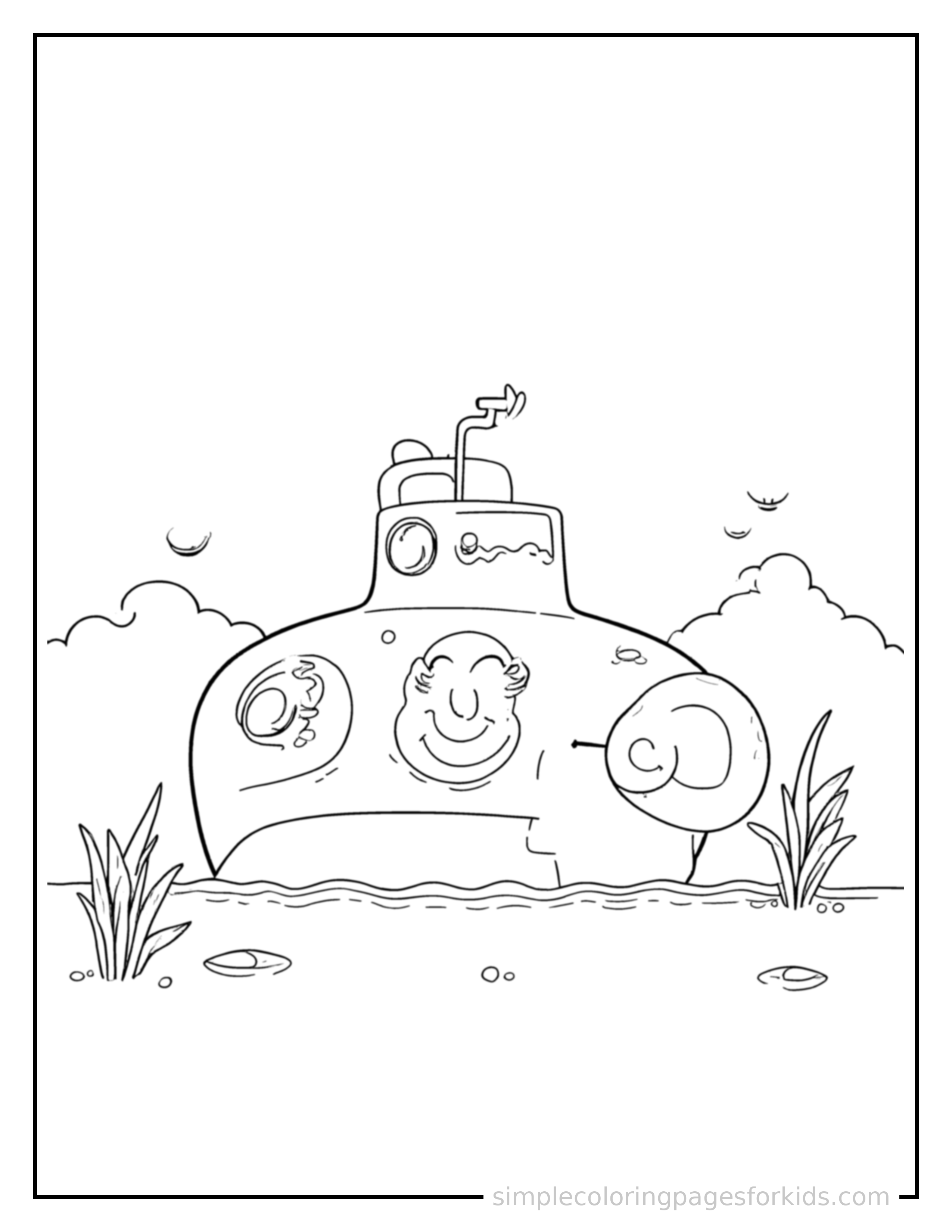 Free printable submarine coloring page featuring a cute submarine parked and resting with a sleepy happy expression, one headlight winking.