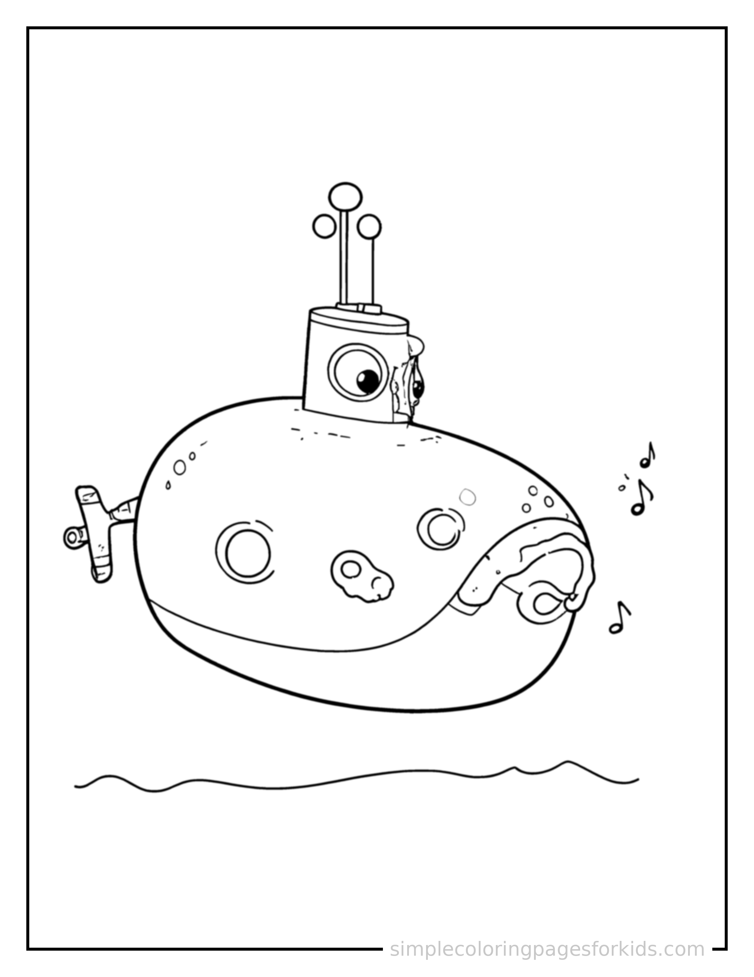 Free printable submarine coloring page featuring a cute submarine honking its horn with an excited open-mouth grin, small musical notes nearby.