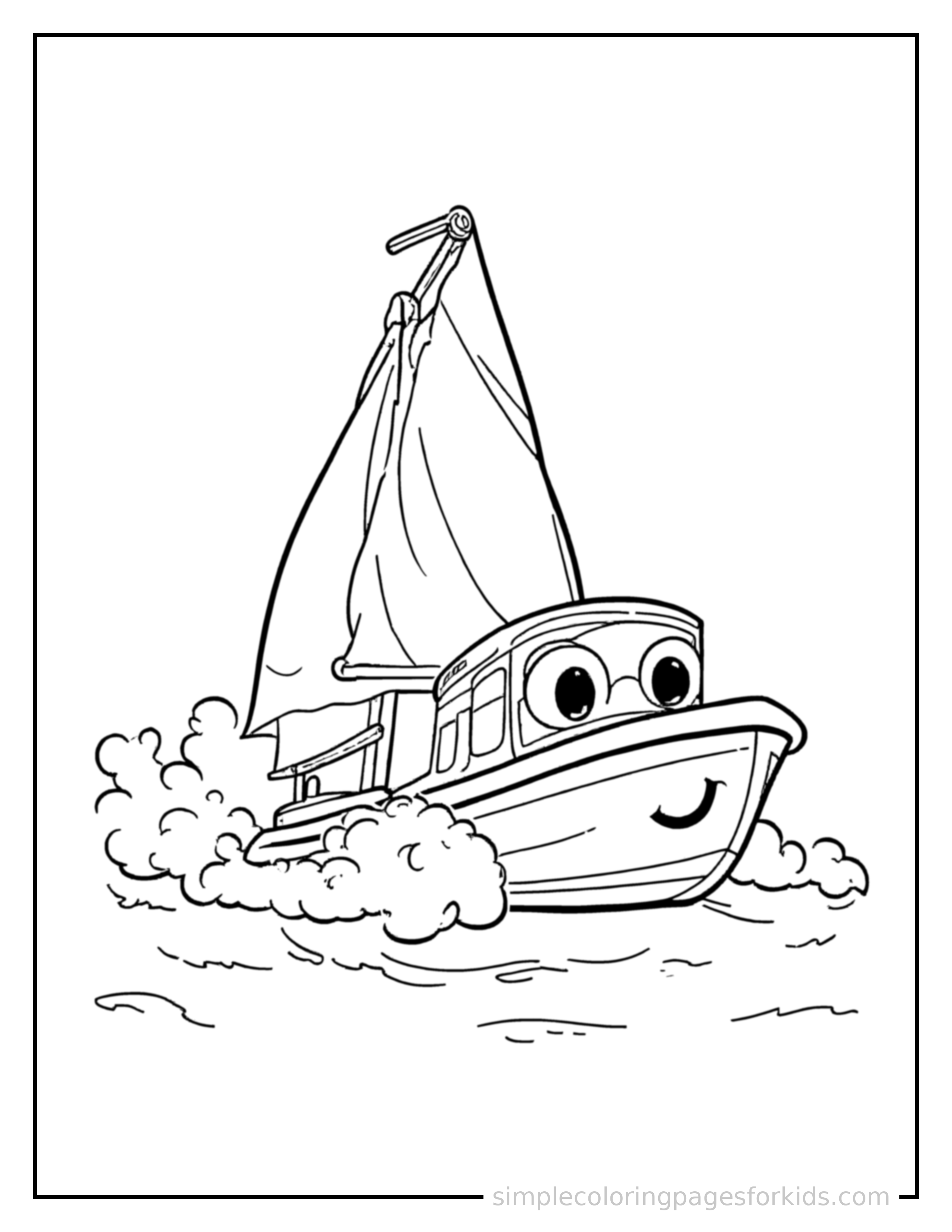 Free printable sailboat coloring page featuring a cute sailboat driving forward fast with a big cheerful headlight-eyes face, motion lines trailing behind.
