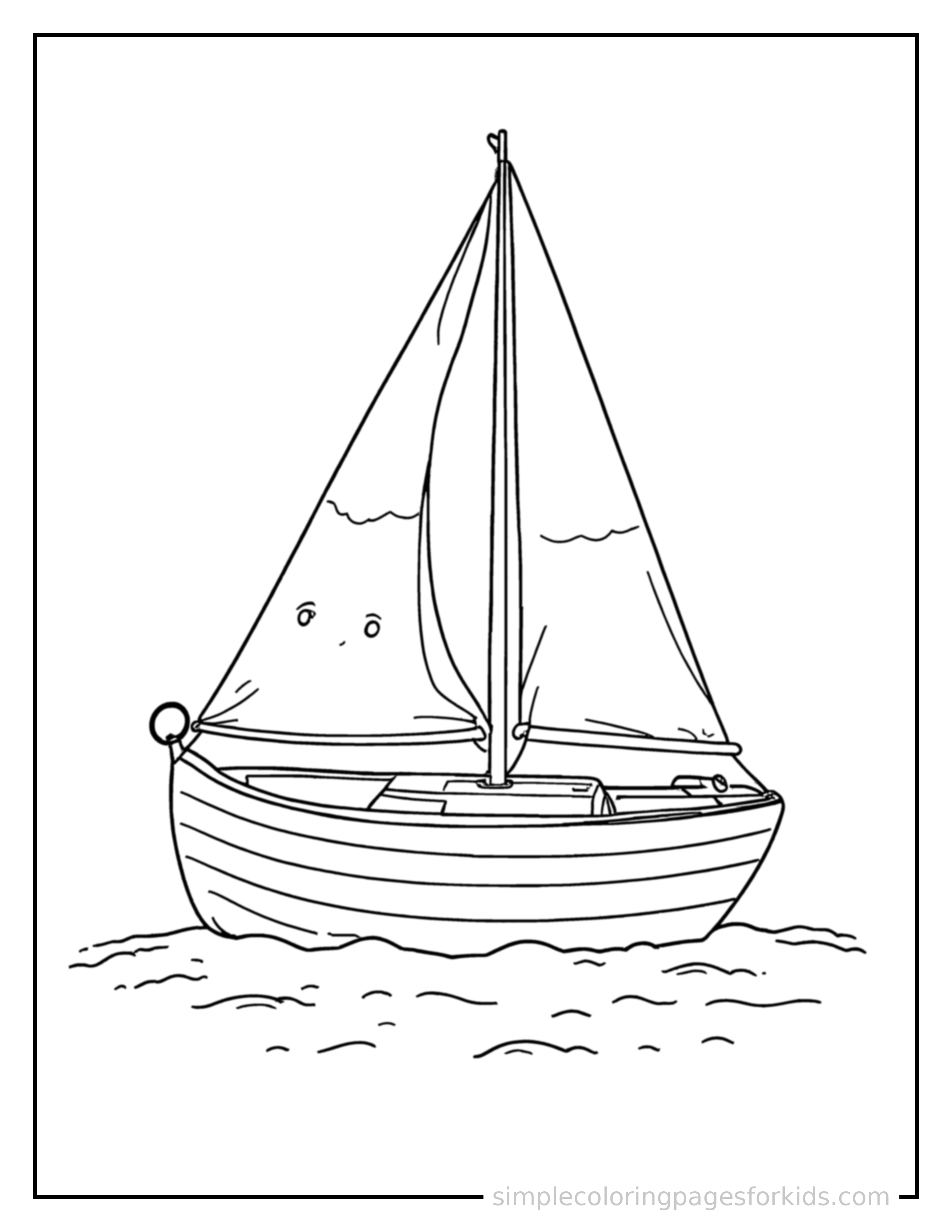Free printable sailboat coloring page featuring a cute sailboat parked and resting with a sleepy happy expression, one headlight winking.