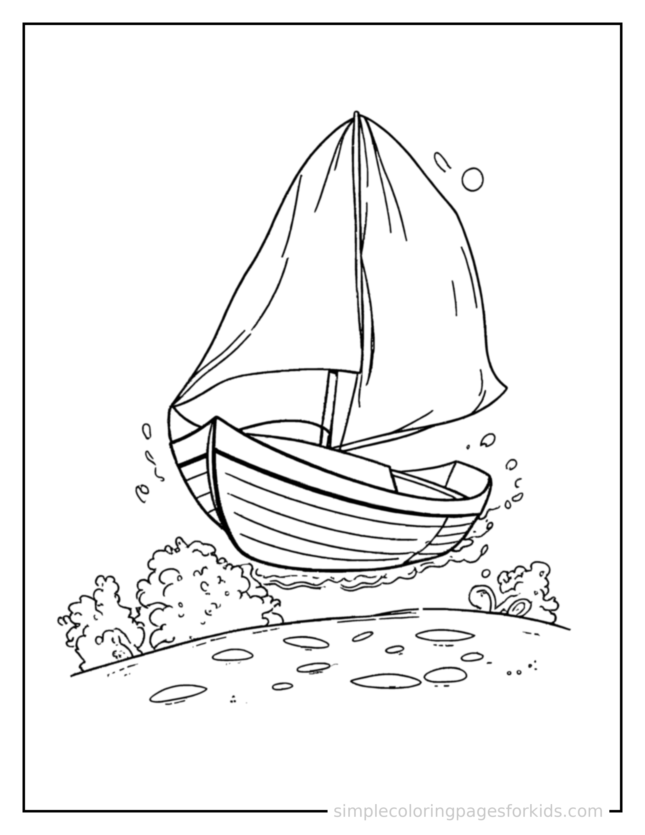 Free printable sailboat coloring page featuring a cute sailboat bouncing over a small bump in the road, joyful expression, wheels off the ground.