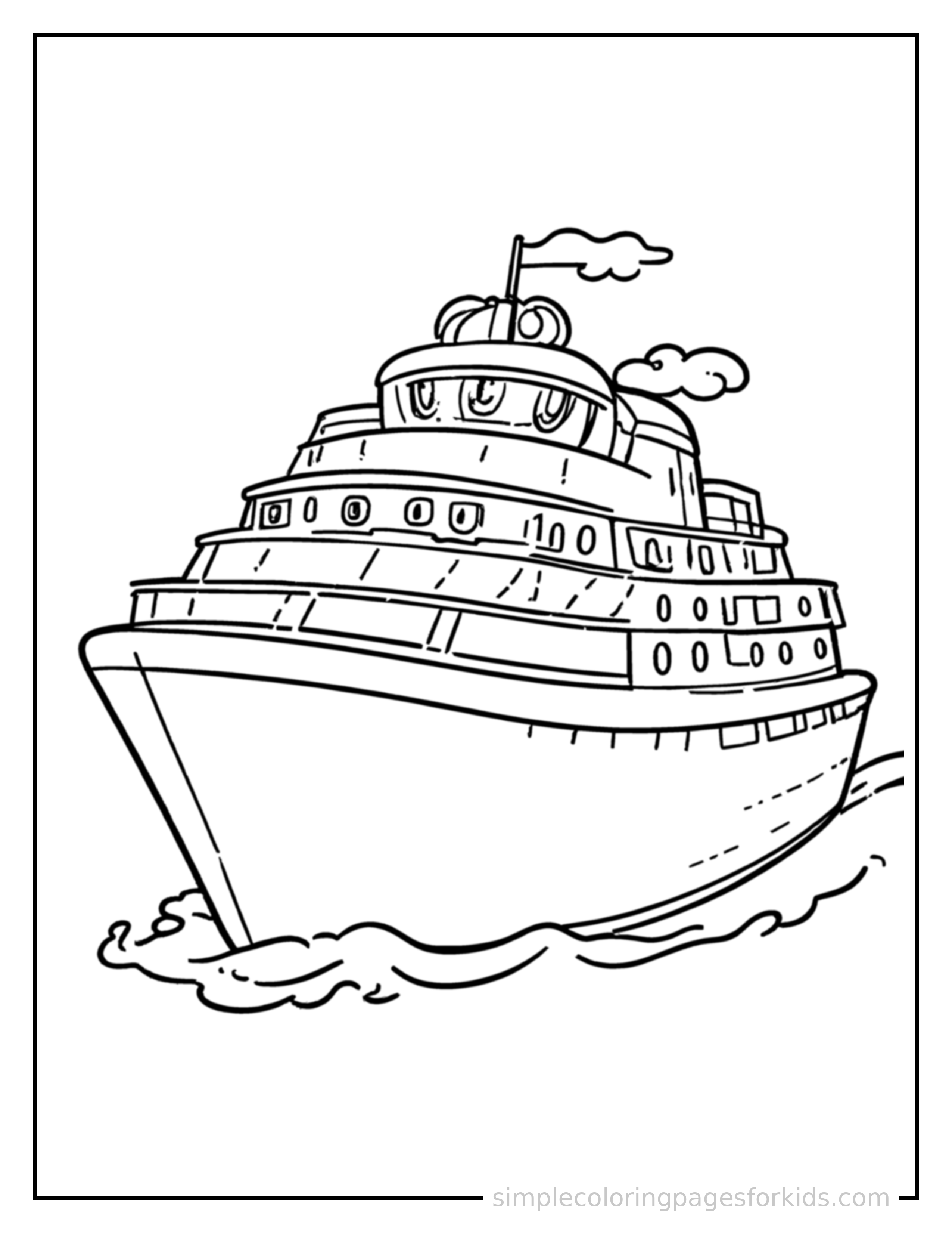 Free printable cruise ship coloring page featuring a cute cruise ship loaded up with fun cargo, proud big smile, motion lines showing it moving.